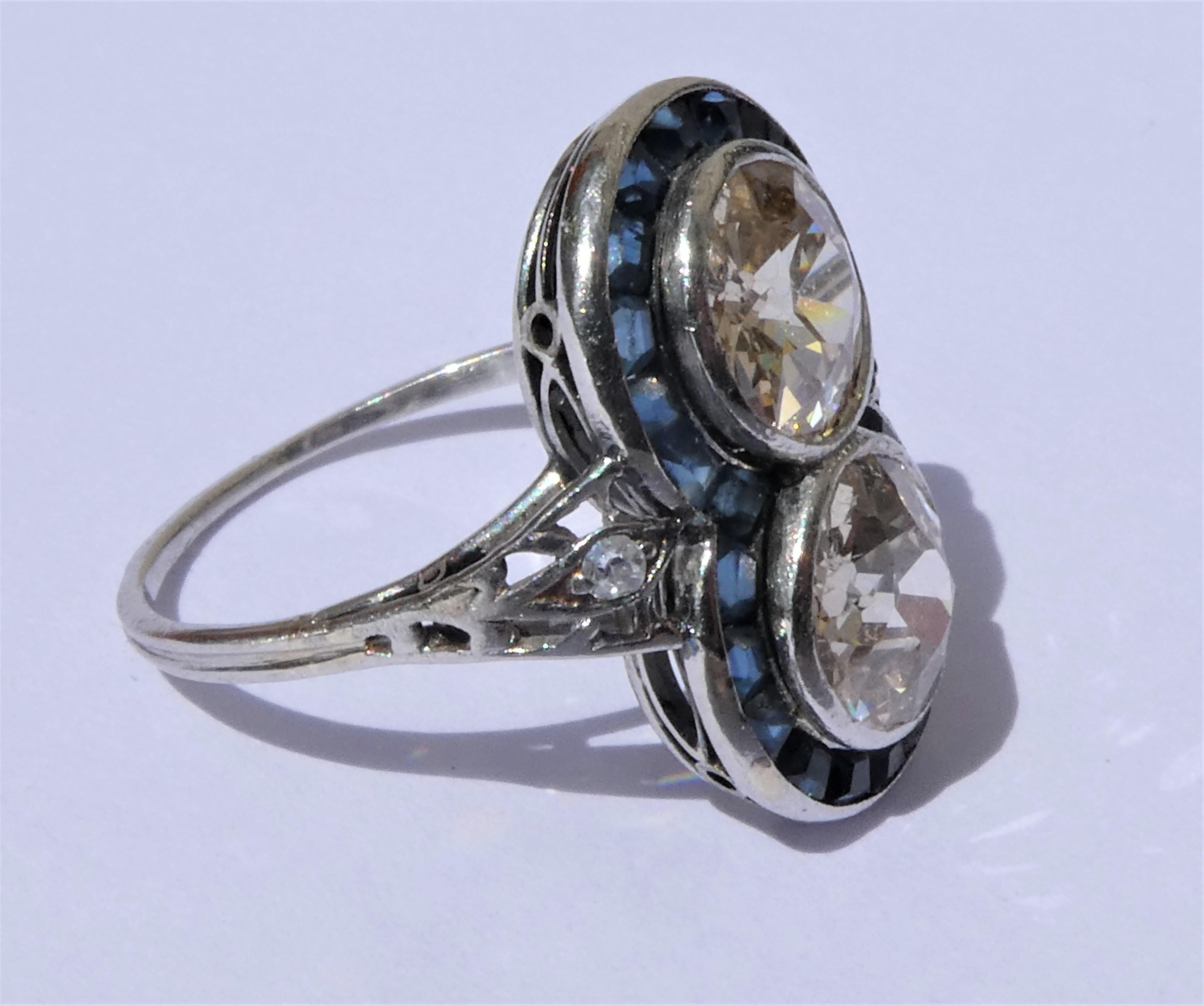 Old European Cut Austrian Art Deco Diamond Sapphire Platinum Target Ring For Sale