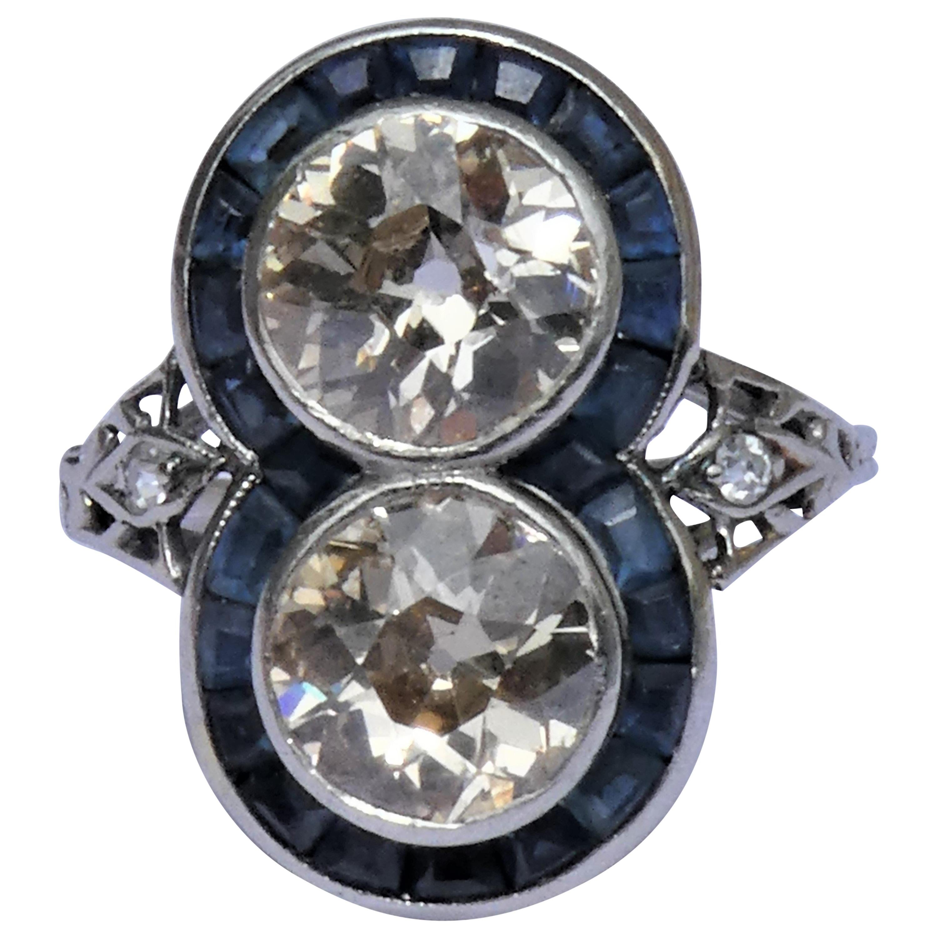 Austrian Art Deco Diamond Sapphire Platinum Target Ring For Sale