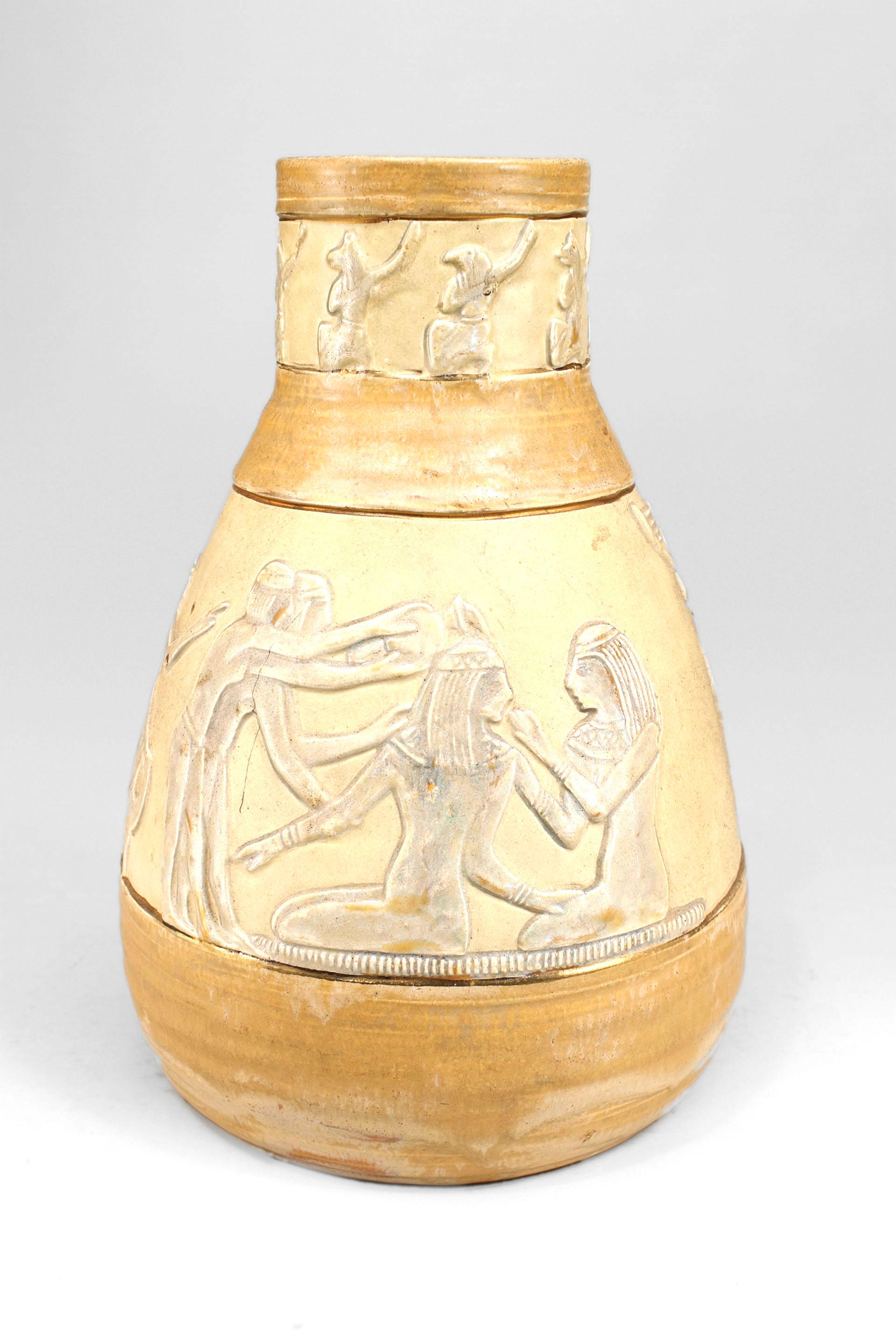 Austrian Art Deco beige & cream colored porcelain vase with glazed classical Egyptian figures around neck & body of vase. (att: JULES DRESSER).
   