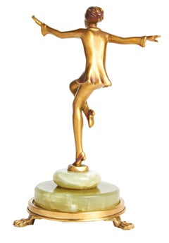 Austrian Art Deco Lorenzl Gilt Bronze Dancing Figure on Green Onyx Base