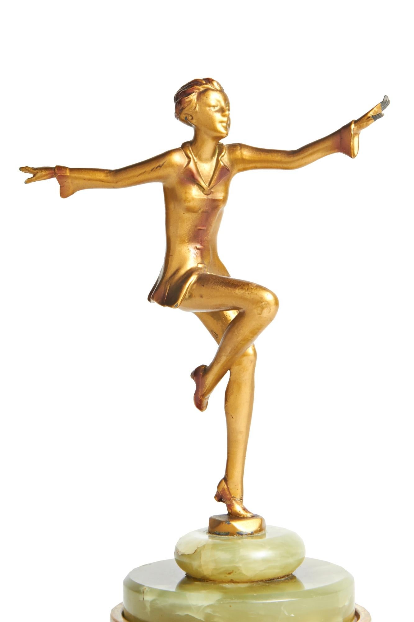 French Austrian Art Deco Lorenzl Gilt Bronze Dancing Figure on Green Onyx Base For Sale