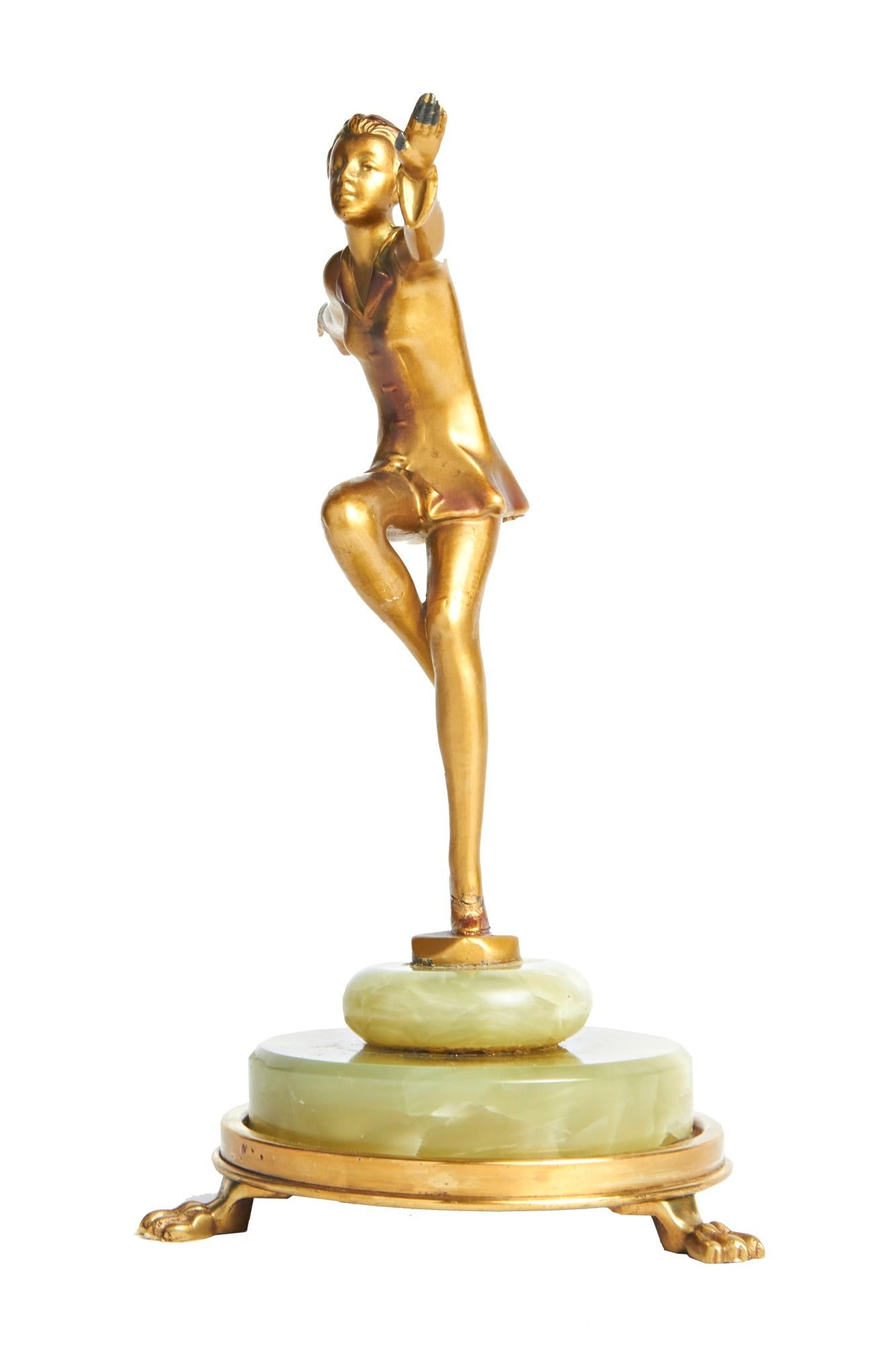 Carved Austrian Art Deco Lorenzl Gilt Bronze Dancing Figure on Green Onyx Base For Sale
