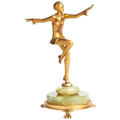 Austrian Art Deco Lorenzl Gilt Bronze Dancing Figure on Green Onyx Base