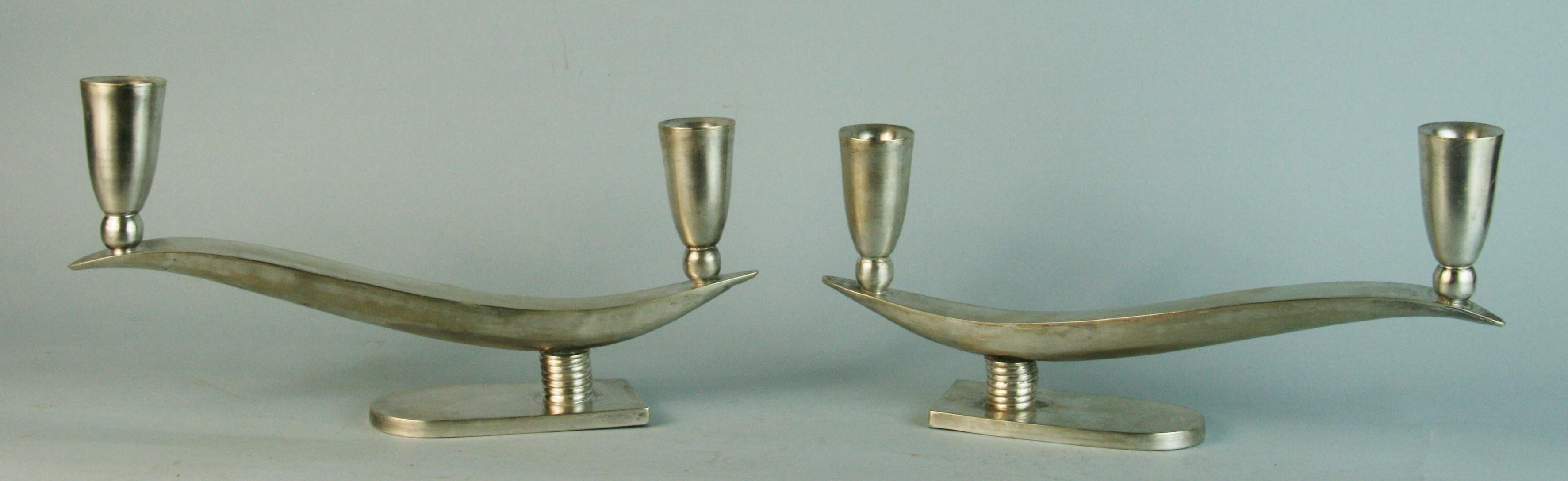 1365 Pair Art Deco Austrian Alpaca silvered brass candle holders.