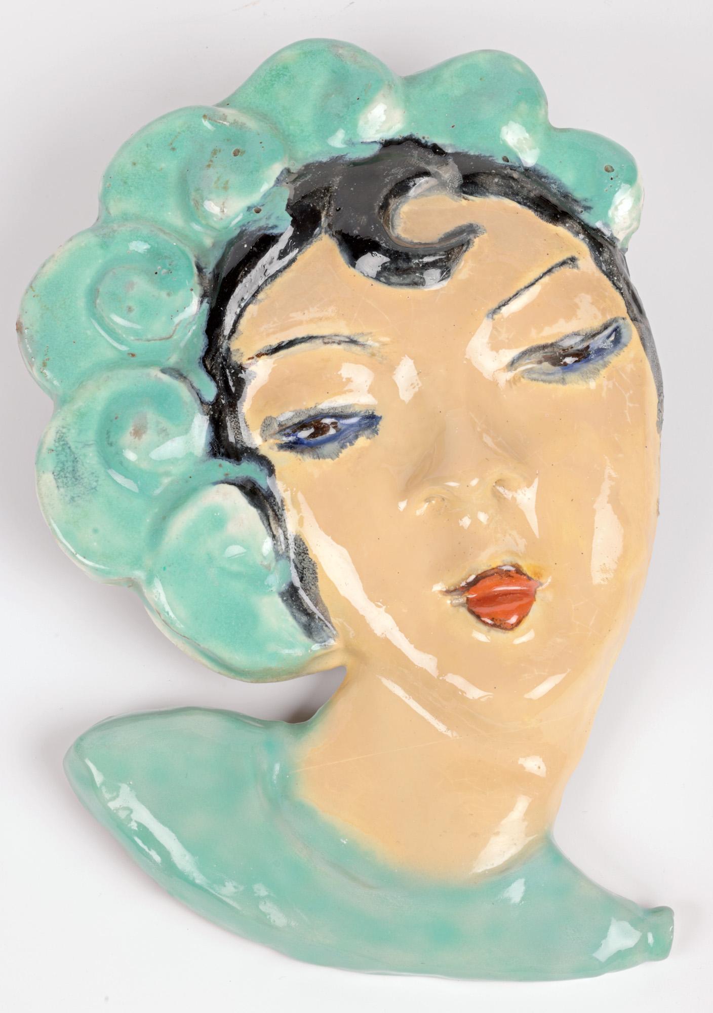 Terracotta Austrian Art Deco Pottery Face Wall Mask in Manner of Wiener Werkstätte For Sale