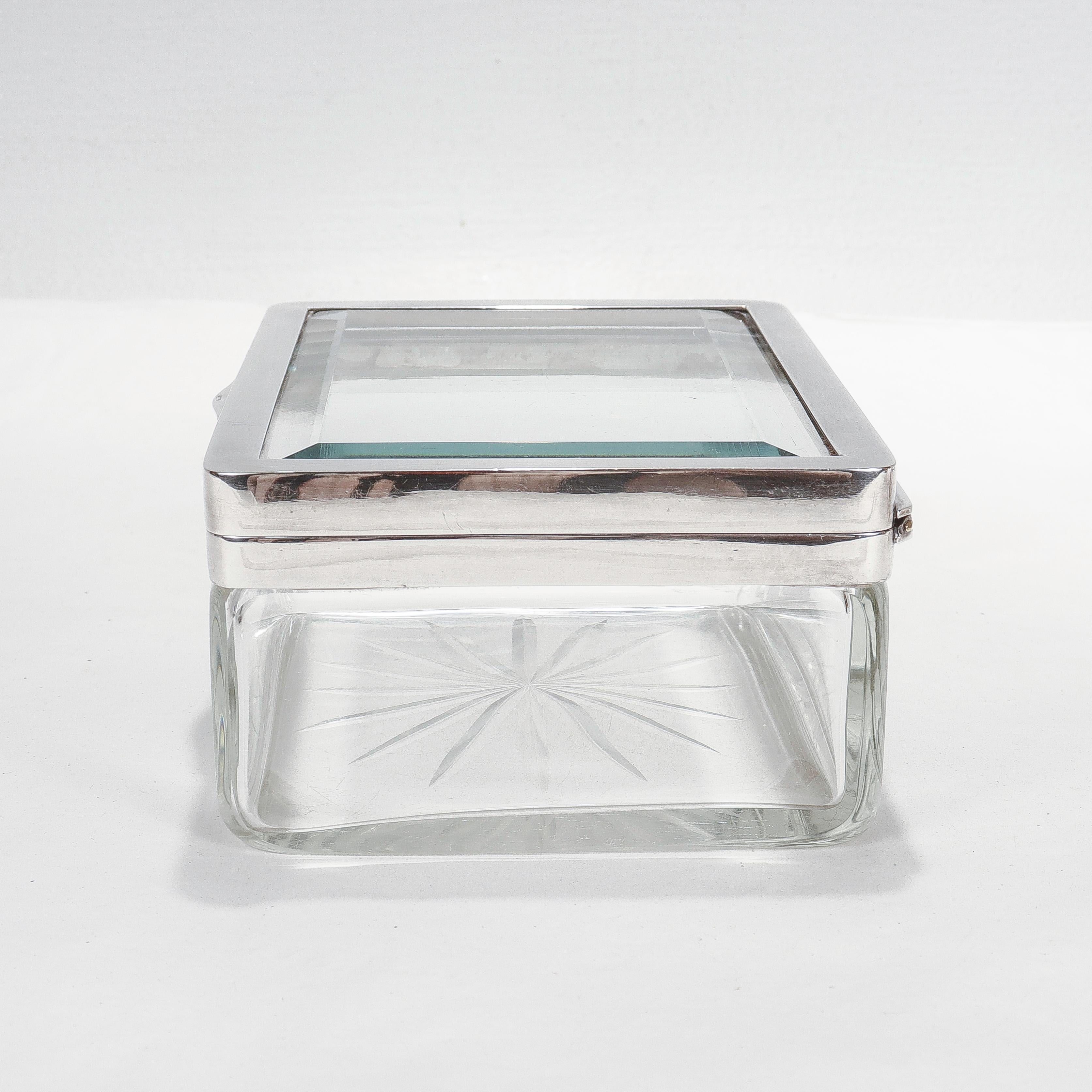 20th Century Austrian Art Deco Silver Plate & Cut Glass Casket or Table Box For Sale