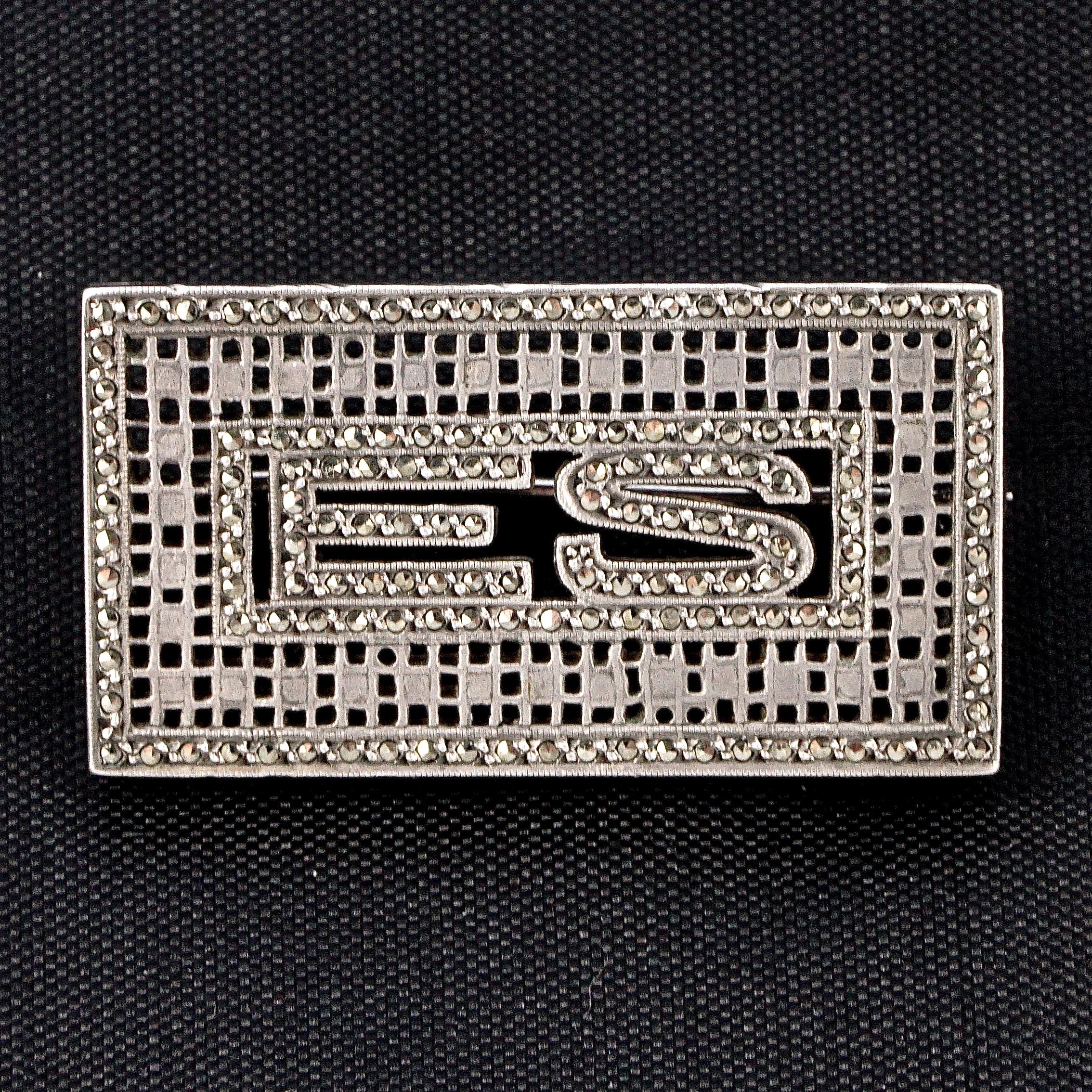 Austrian Art Deco Sterling Silver and Marcasite Initials ES Brooch For Sale 2