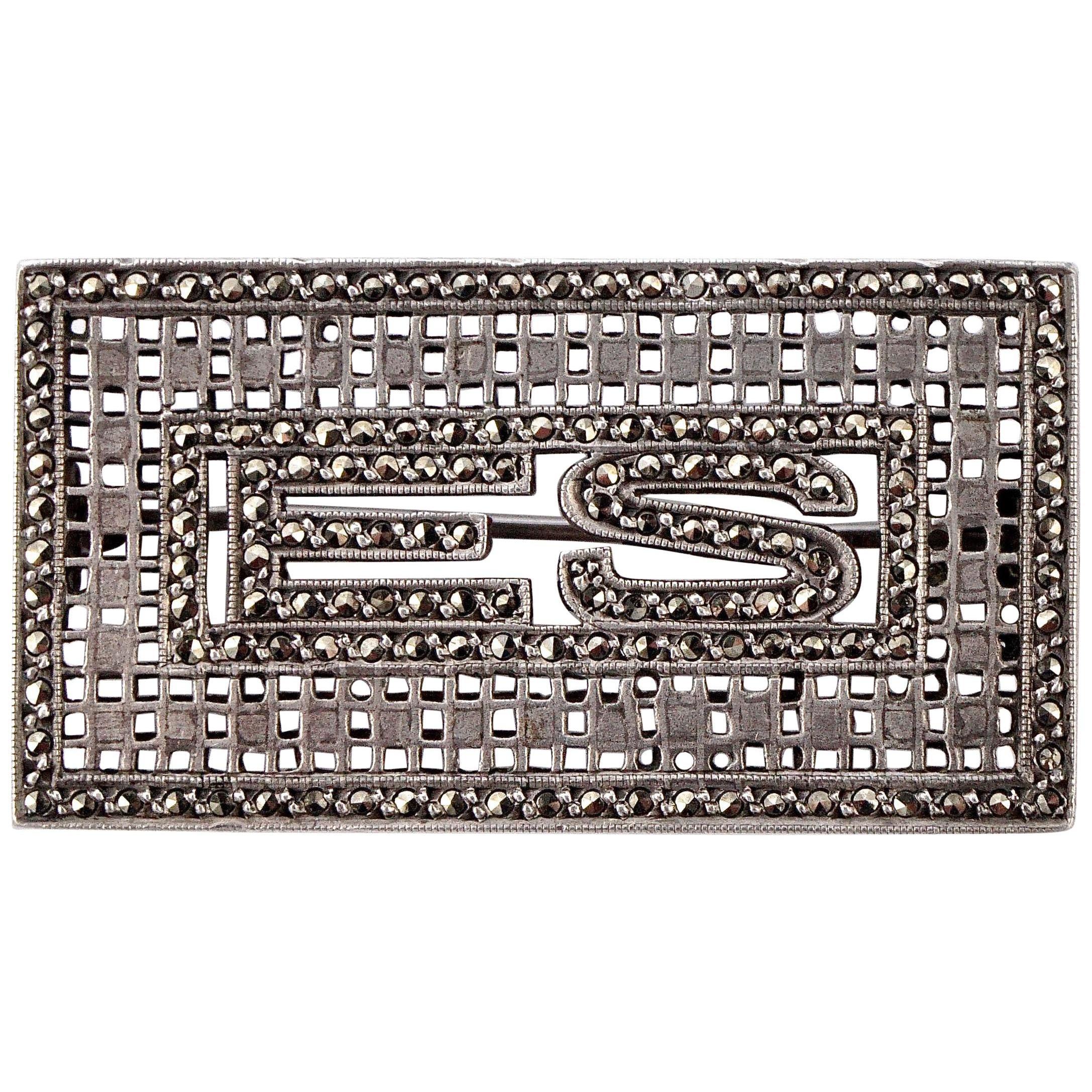 Austrian Art Deco Sterling Silver and Marcasite Initials ES Brooch For Sale