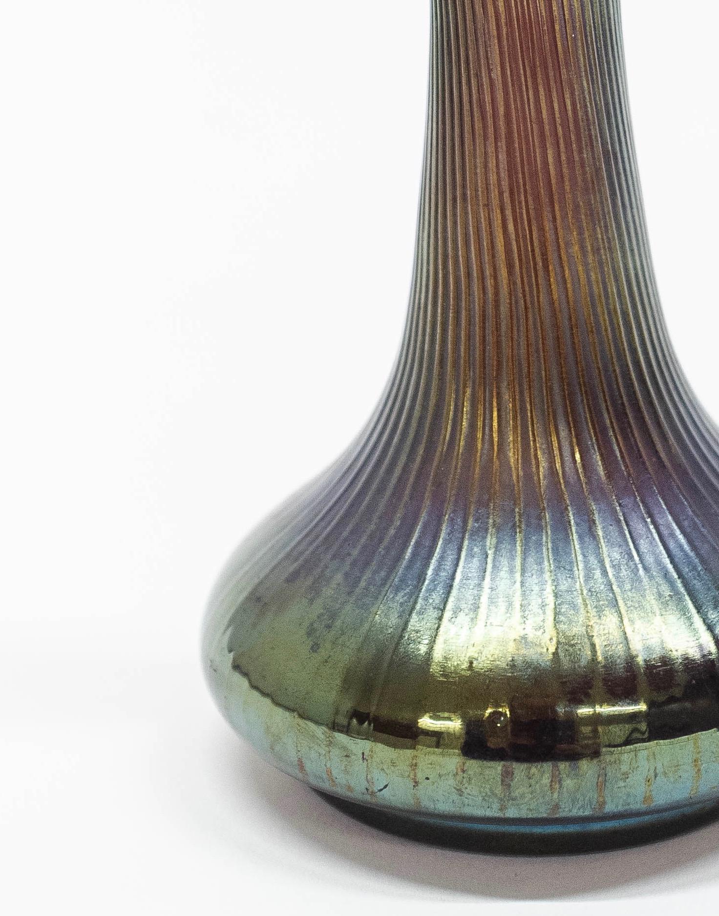 Austrian Art Deco vase from 1920s with iridescent sheen and linear design.