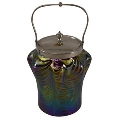Austrian Art Glass Biscuit Jar Silver Plated Handle and Lid Purple, Green & Blue