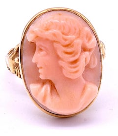 Art Nouveau 14 Karat Angel Skin Coral Cameo Ring with Carved Shoulders, C1910