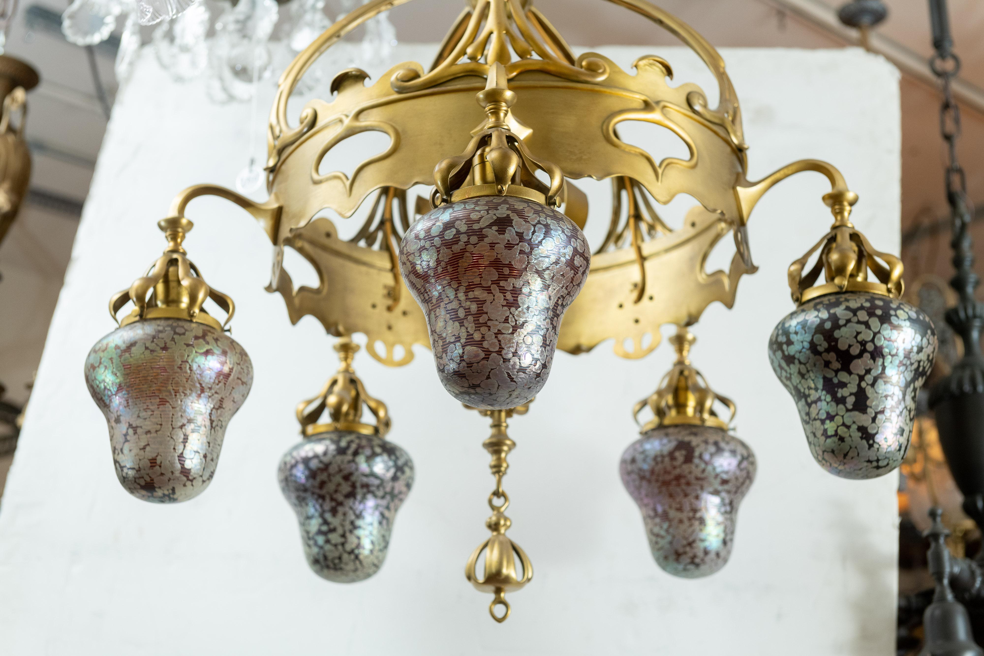 Austrian Art Nouveau 5-Light Chandelier with Hand Blown Shades In Excellent Condition In Petaluma, CA