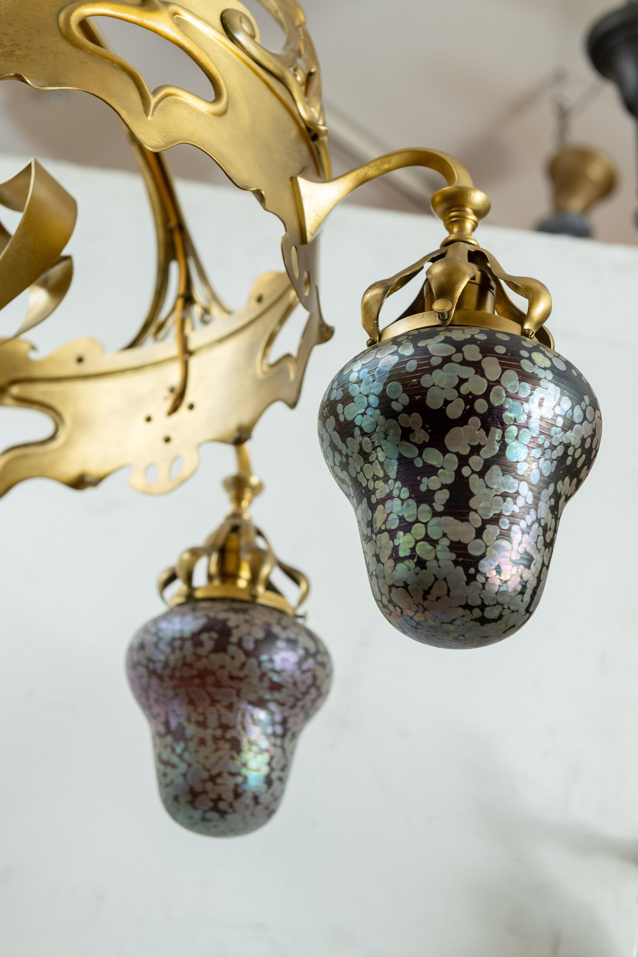 Bronze Austrian Art Nouveau 5-Light Chandelier with Hand Blown Shades