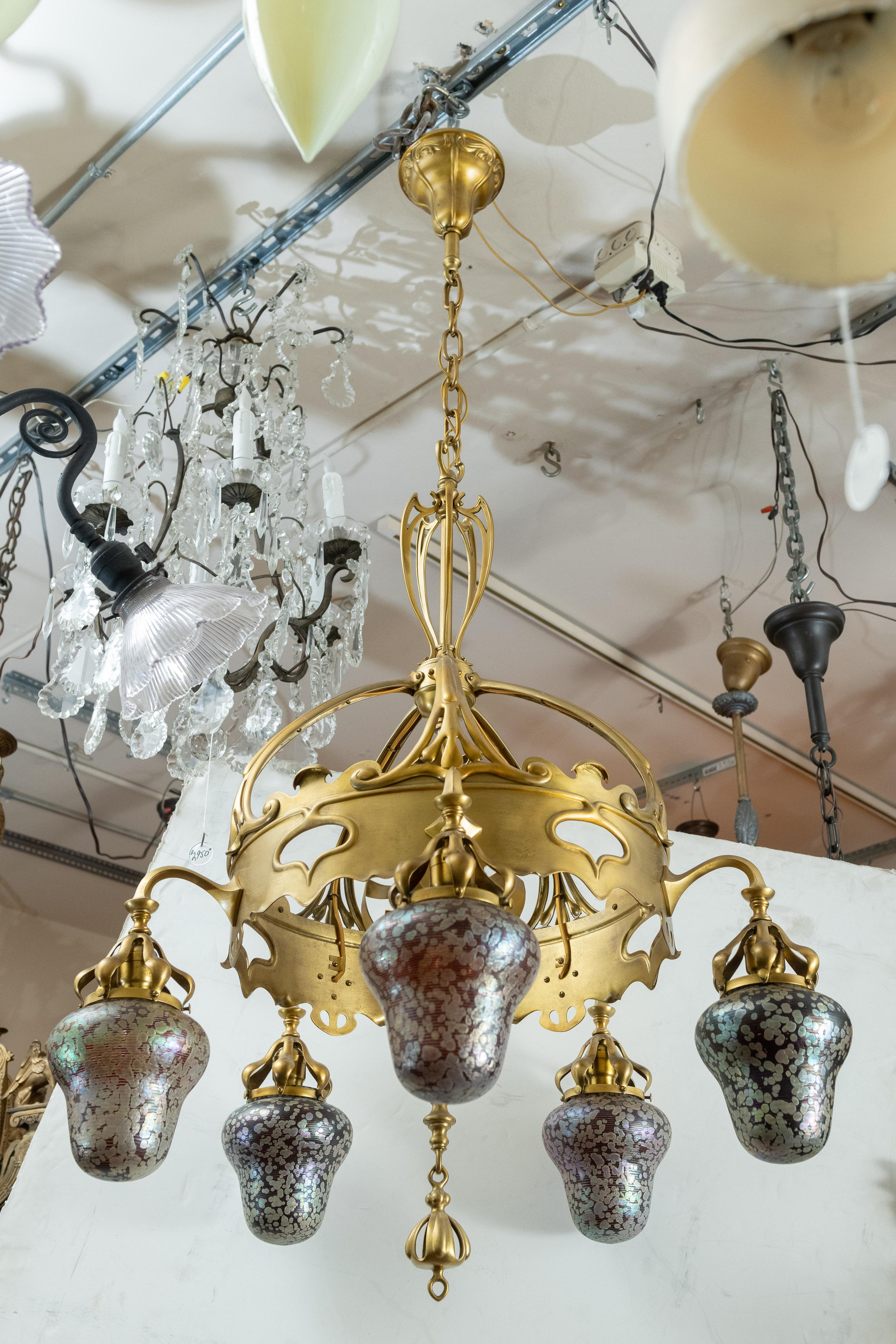 Austrian Art Nouveau 5-Light Chandelier with Hand Blown Shades 1