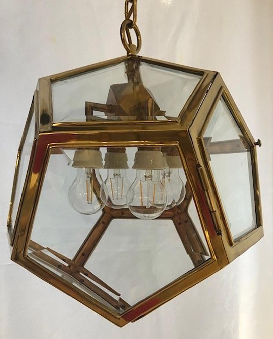 Early 20th Century Austrian Art Nouveau Brass and Glass Dodekaeder Lamp by Adolf Loos For Sale
