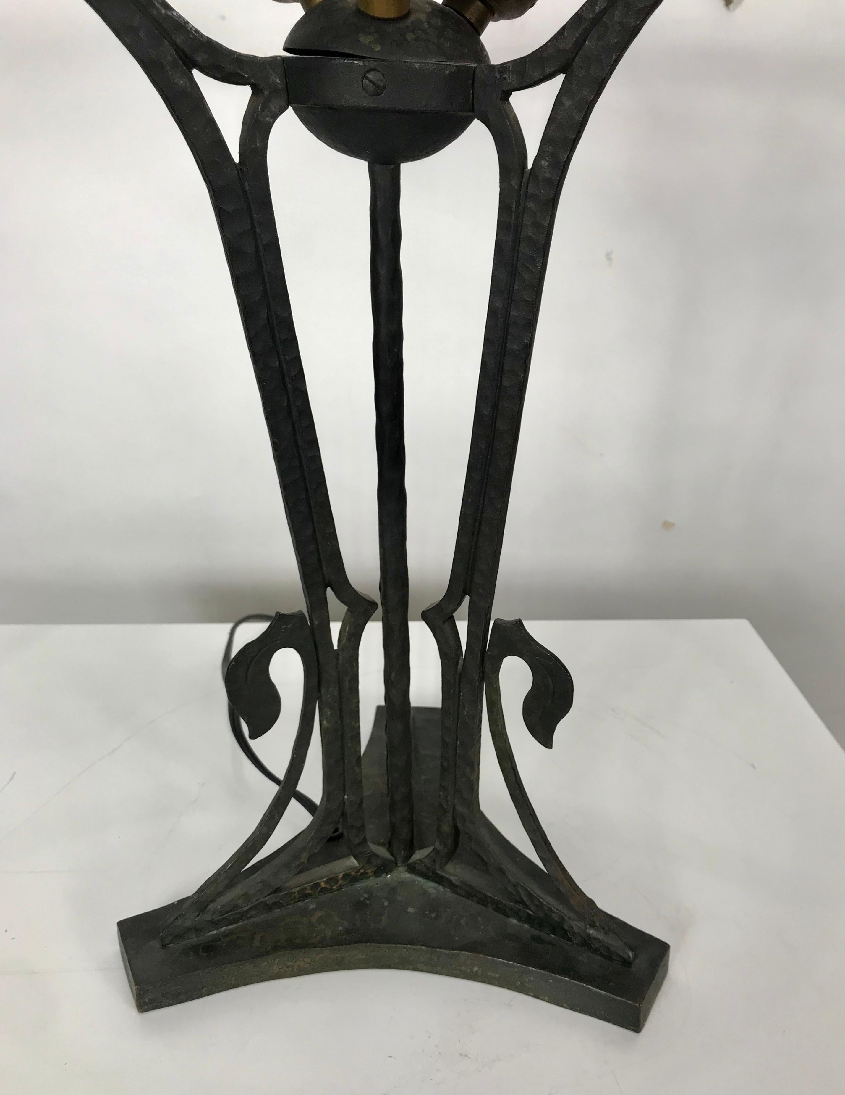 Hammered Austrian Art Nouveau Bronze Chunk Glass Table Lamp