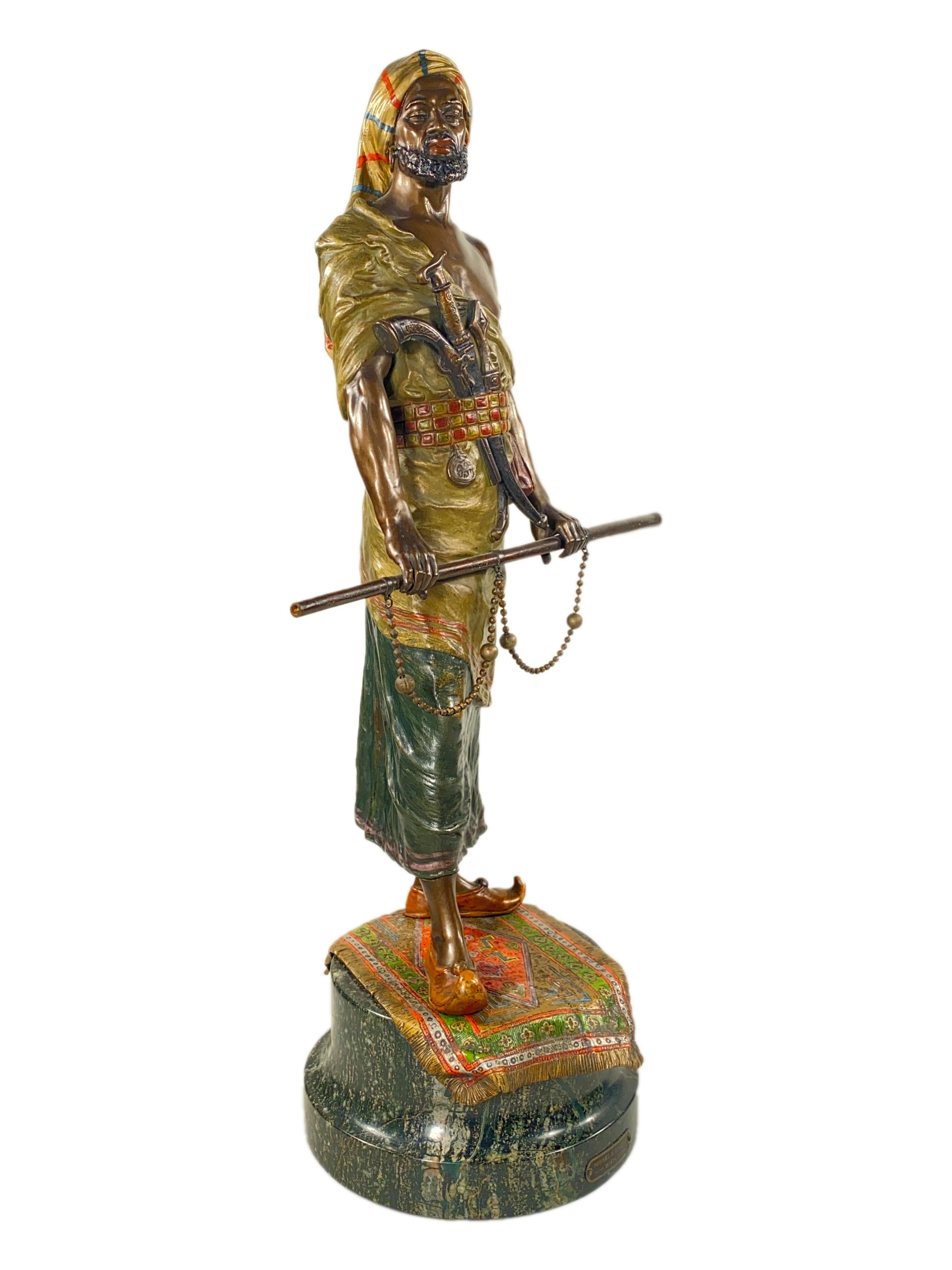 Cold-Painted Austrian Art Nouveau Bronze Orientalist Sculpture of an Arab Warrior