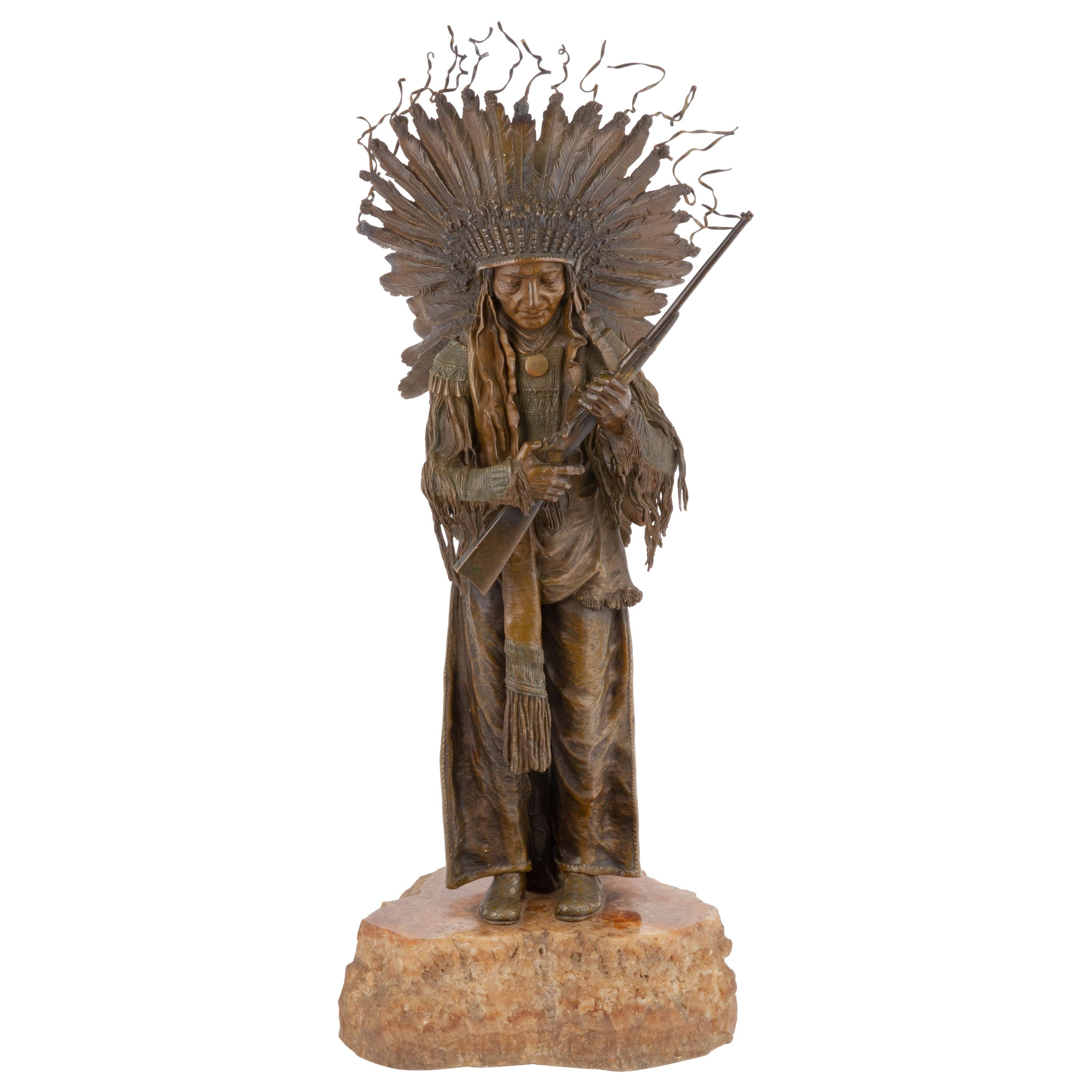 Austrian Art Nouveau Bronze Sculpture "Warrior Chief with Rifle" by, Carl Kauba