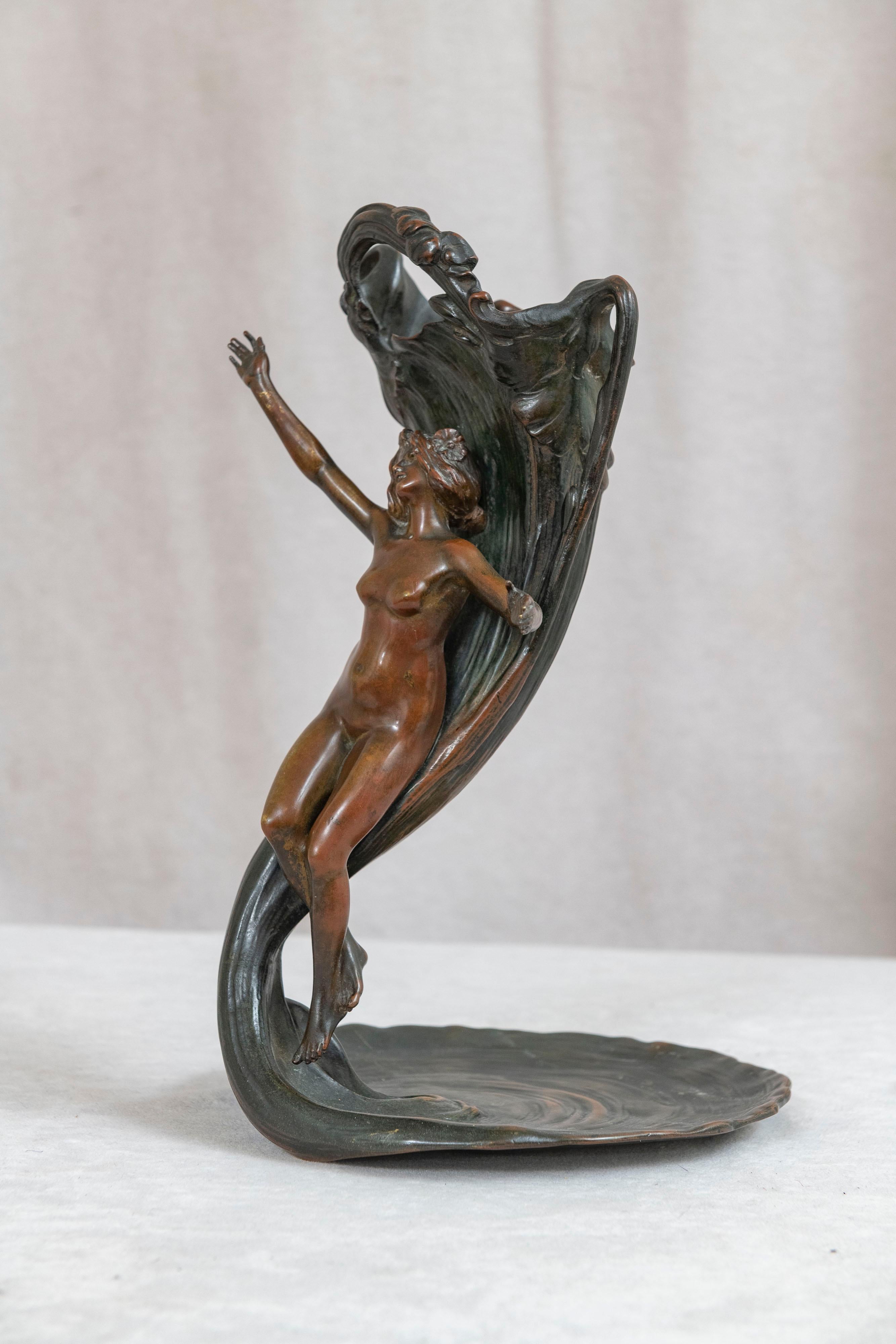 20th Century Austrian Art Nouveau Bronze Vase w/Nude, Artist Signed Babka, ca. 1900