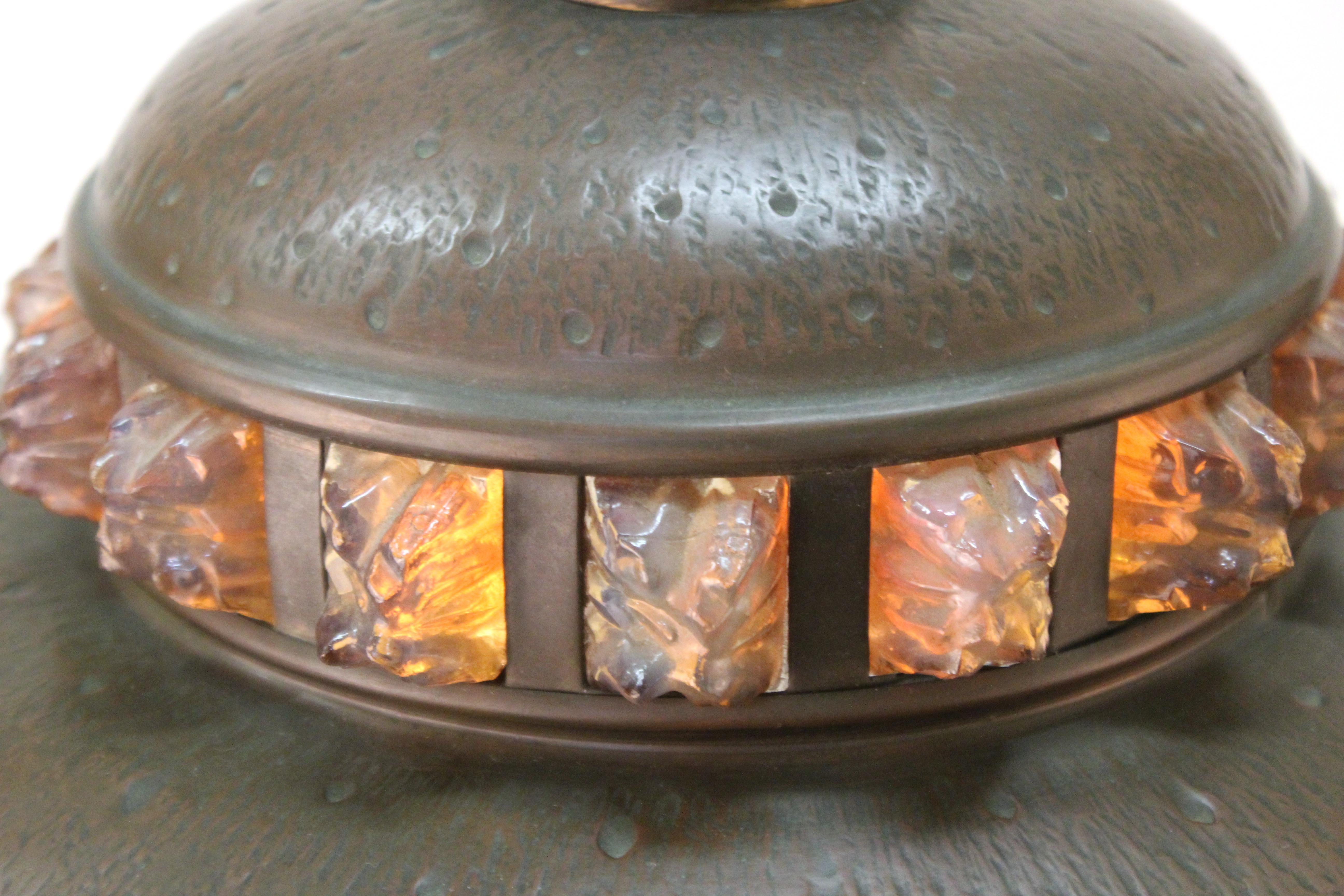 Austrian Art Nouveau Cast Bronze & Brass Table Lamp with Chunk Glass Jewels For Sale 3