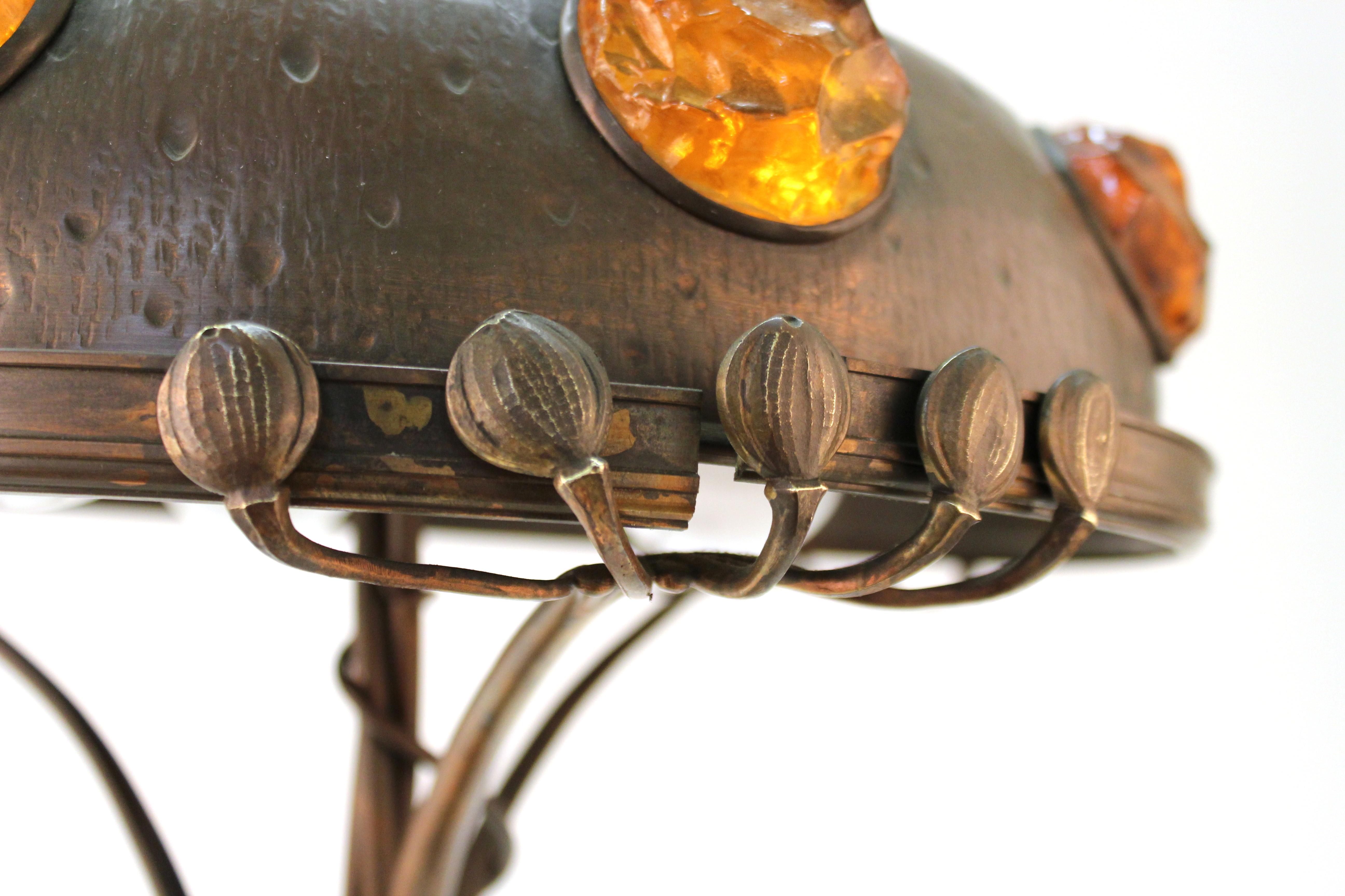 Austrian Art Nouveau Cast Bronze & Brass Table Lamp with Chunk Glass Jewels For Sale 10