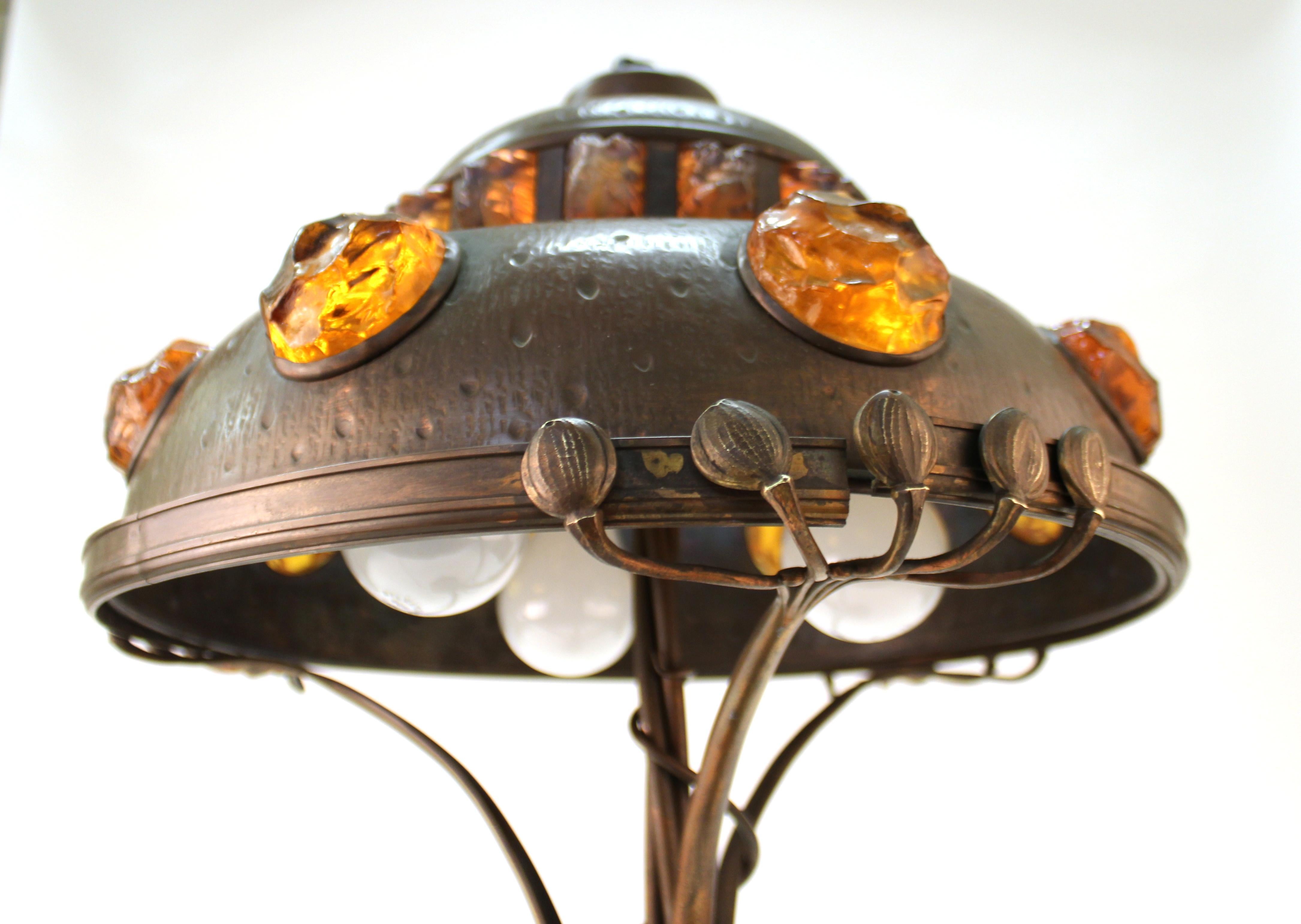 Austrian Art Nouveau Cast Bronze & Brass Table Lamp with Chunk Glass Jewels For Sale 11