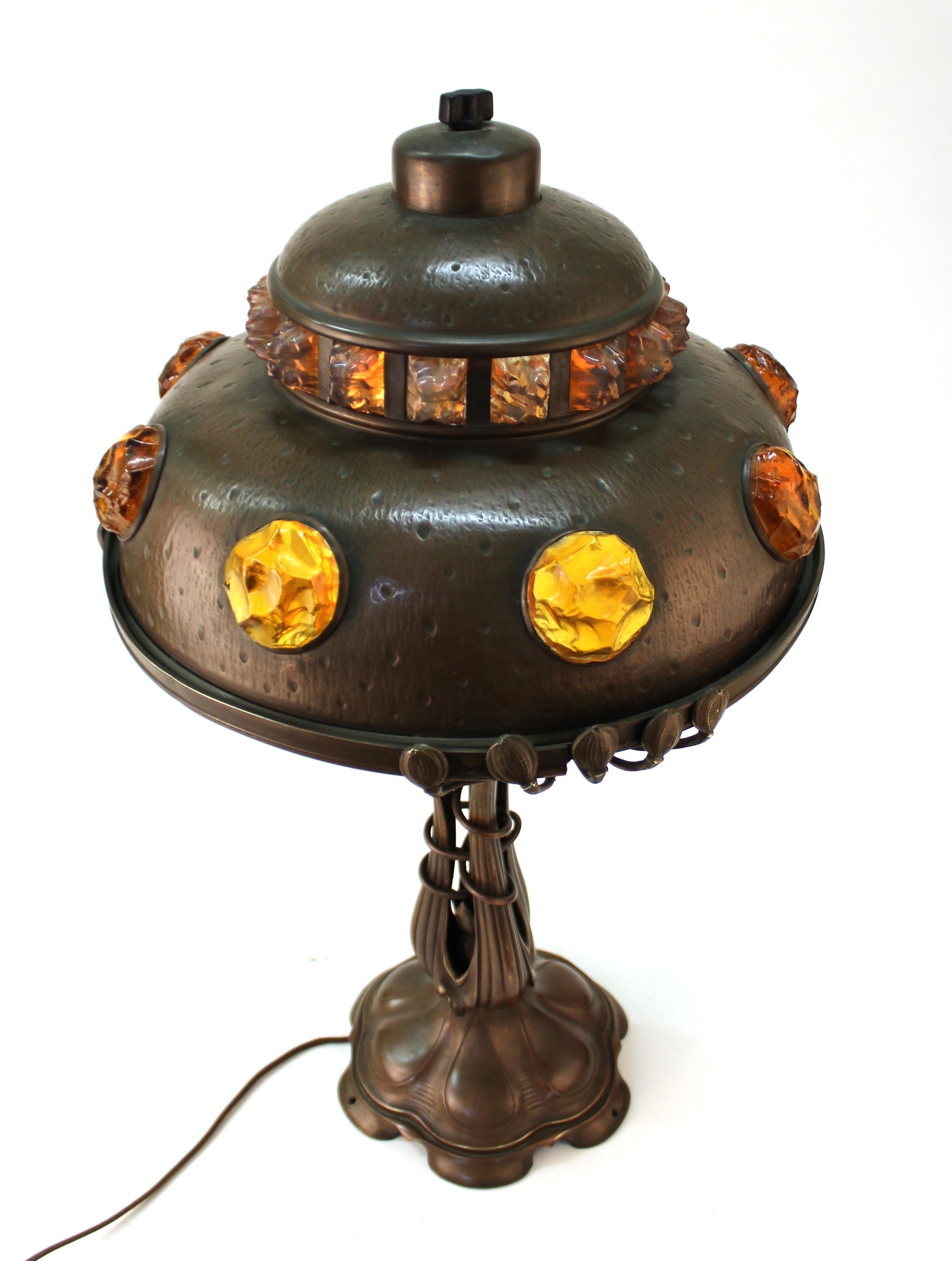 Austrian Art Nouveau Cast Bronze & Brass Table Lamp with Chunk Glass Jewels For Sale 11