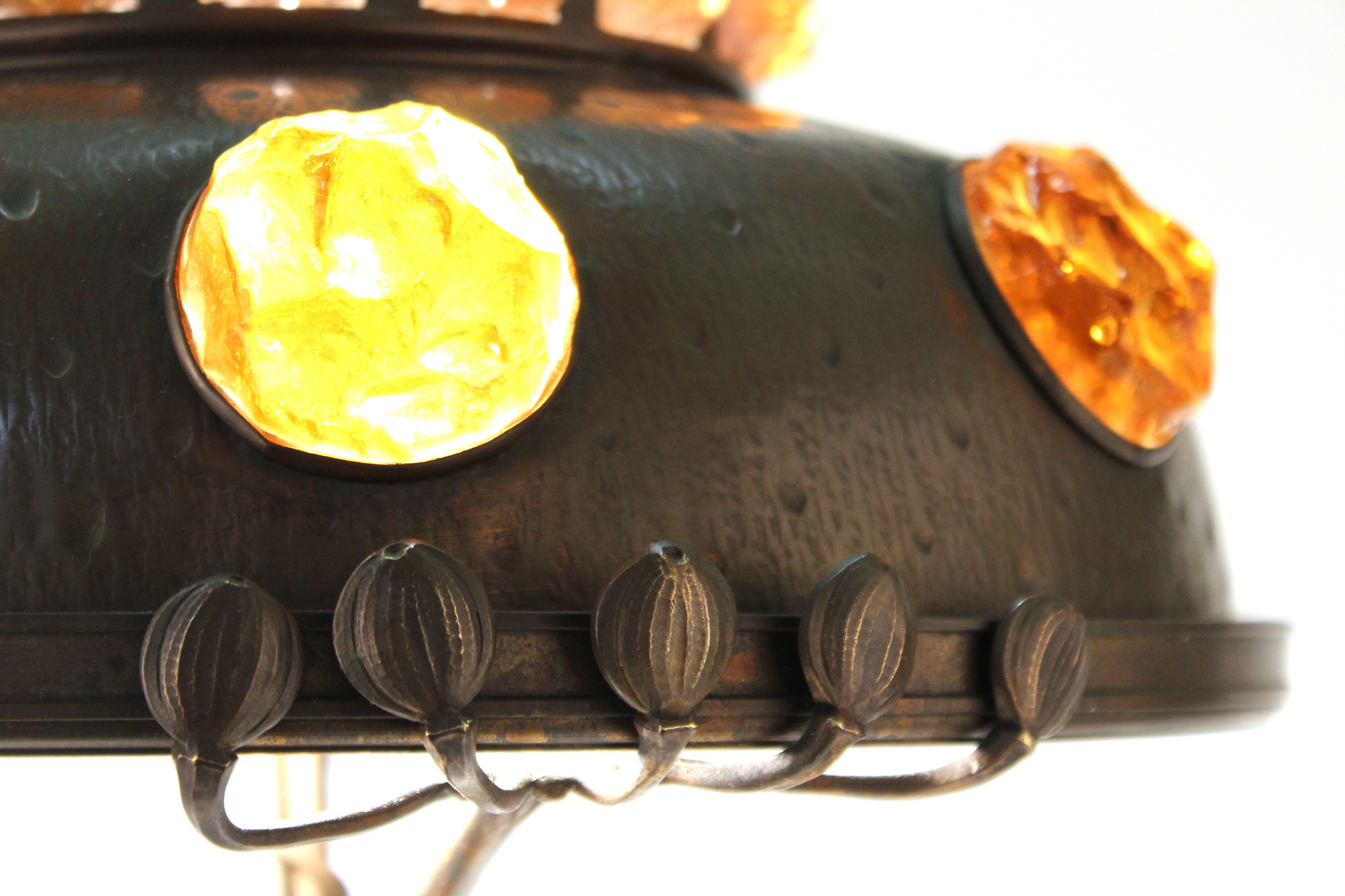 Austrian Art Nouveau Cast Bronze & Brass Table Lamp with Chunk Glass Jewels For Sale 2