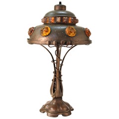 Lampe de table Art Nouveau autrichienne en bronze moulé et laiton avec des bijoux en verre massif