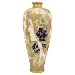 Austrian Art Nouveau Ceramic Portrait Vase Amphora Gold Ochre Blue circa 1899