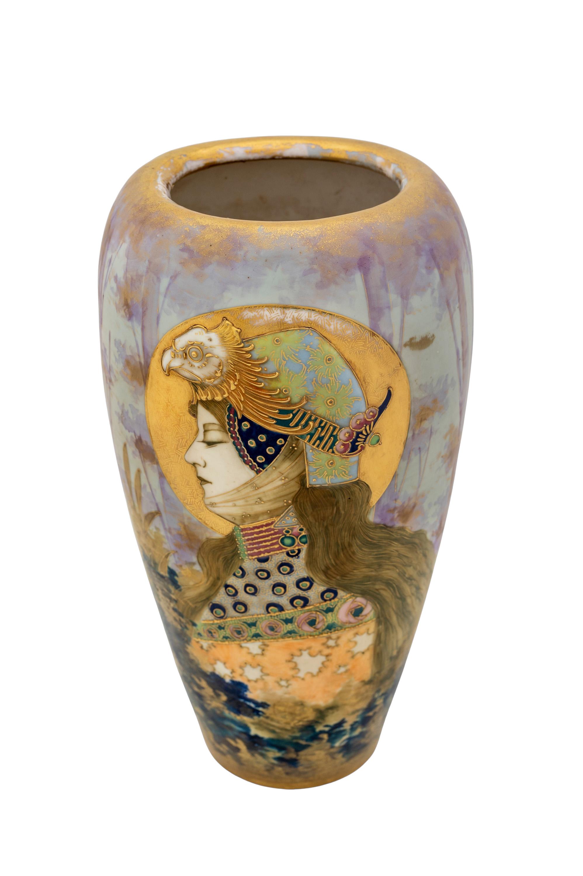 Glazed Austrian Art Nouveau Ceramic Portrait Vase Amphora Gold Ochre Purple circa 1900 For Sale
