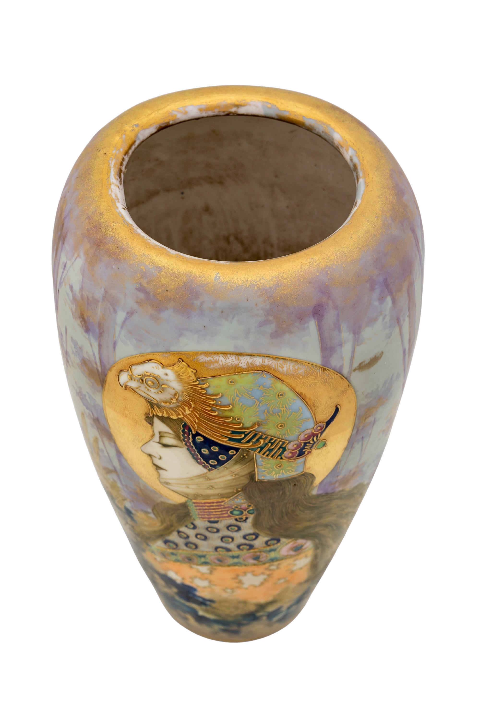 20th Century Austrian Art Nouveau Ceramic Portrait Vase Amphora Gold Ochre Purple circa 1900 For Sale