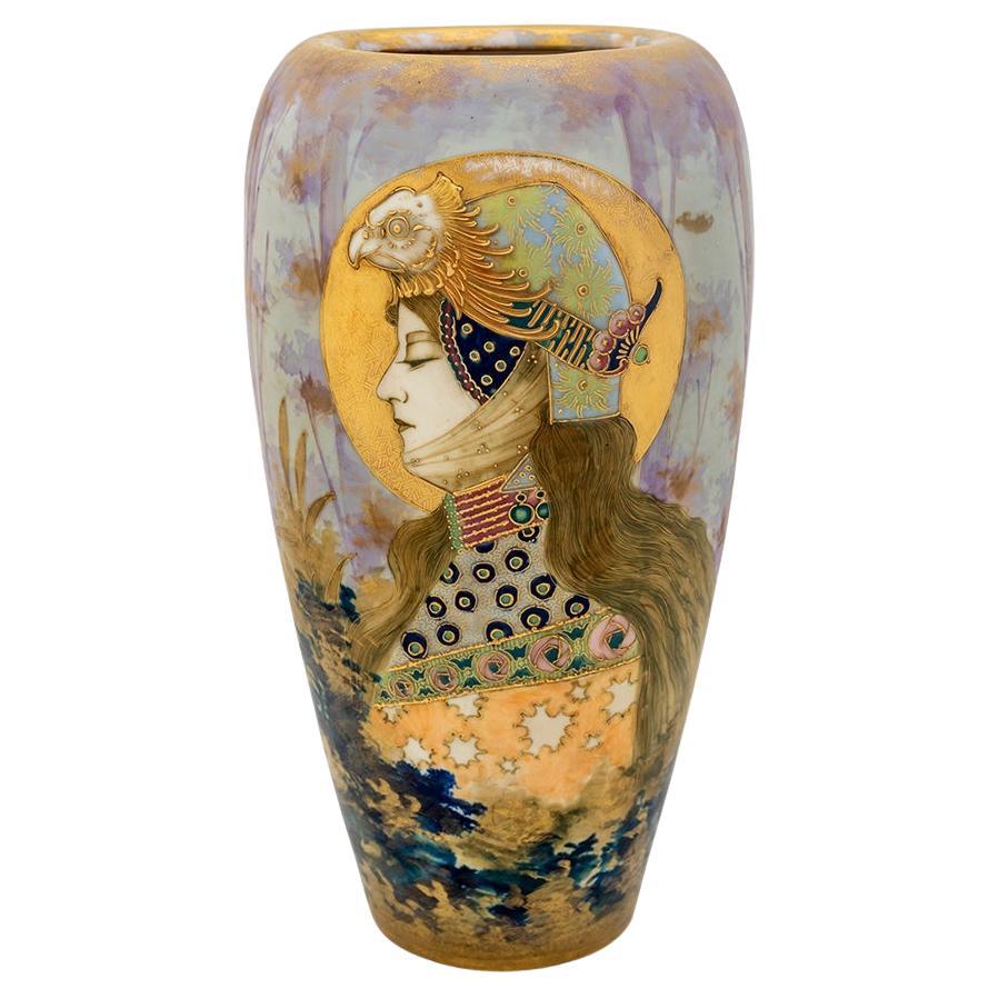 Austrian Art Nouveau Ceramic Portrait Vase Amphora Gold Ochre Purple circa 1900