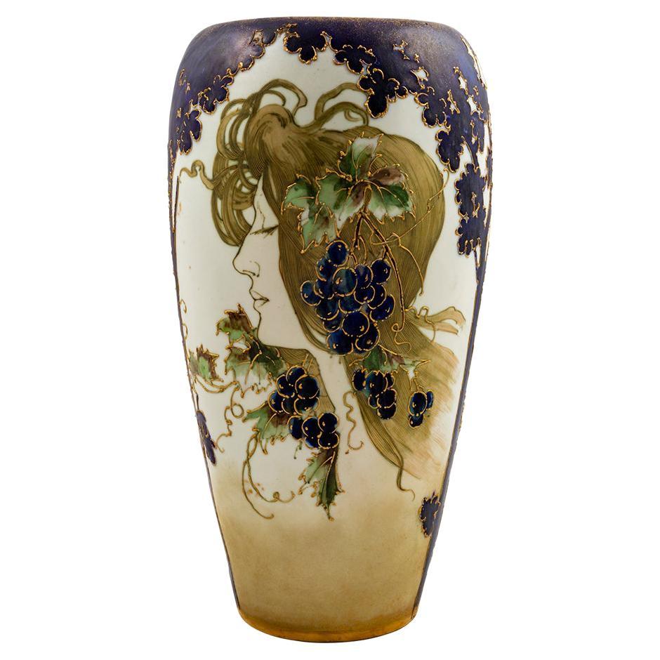 Austrian Art Nouveau Ceramic Portrait Vase Amphora White Blue circa 1897 