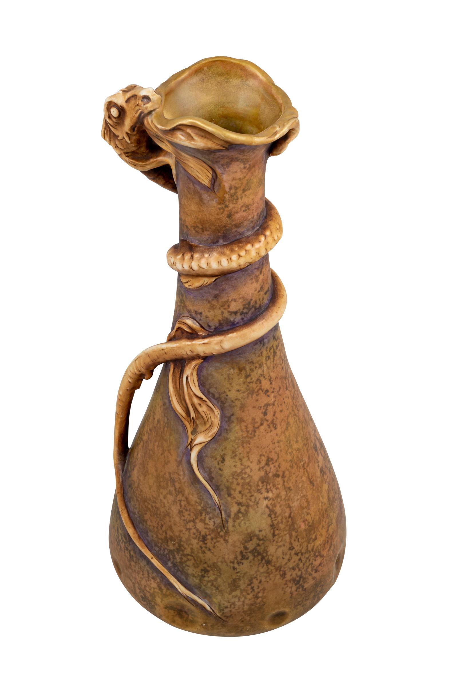 Glazed Austrian Art Nouveau Ceramic Vase with Dragon Amphora Brown circa 1901 