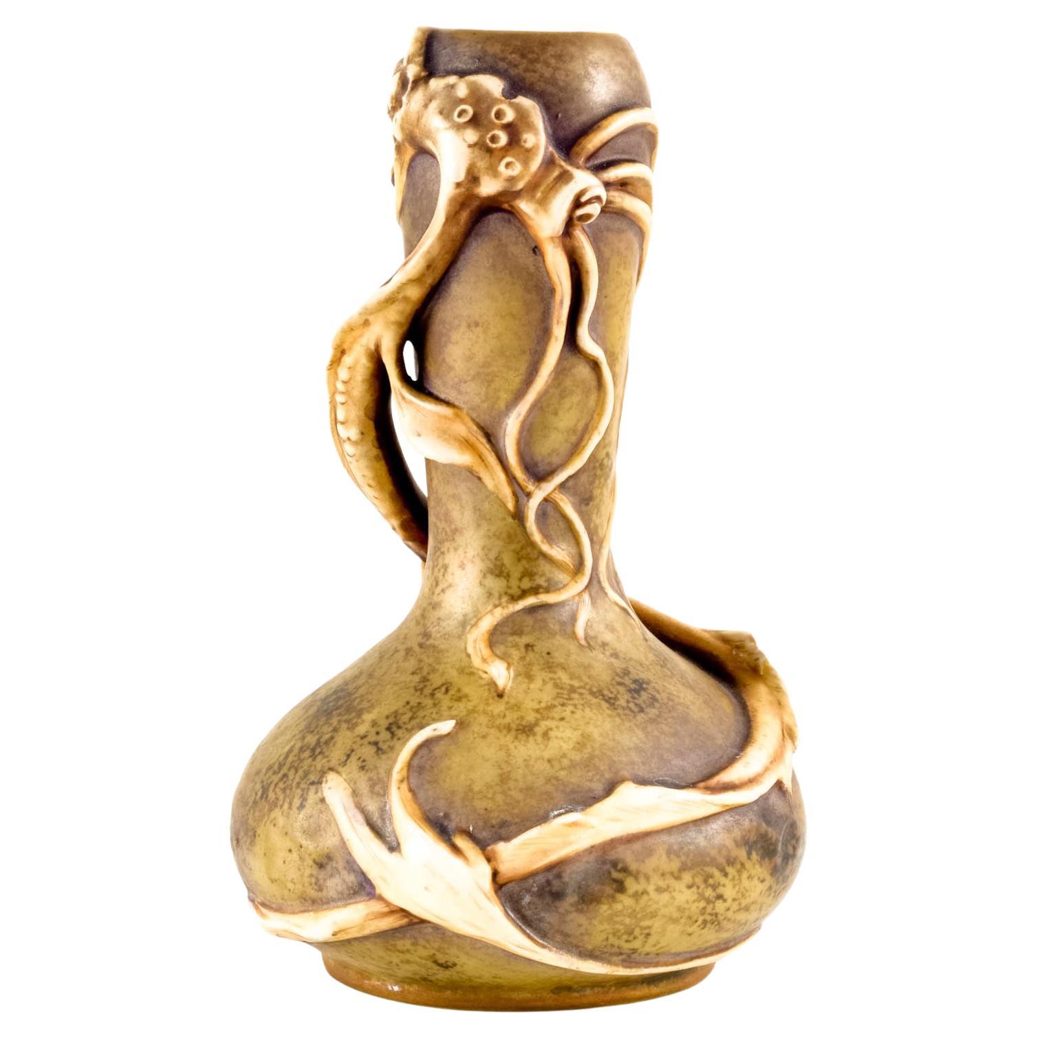 Austrian Art Nouveau Ceramic Vase with Sea Monster Amphora Brown circa 1902