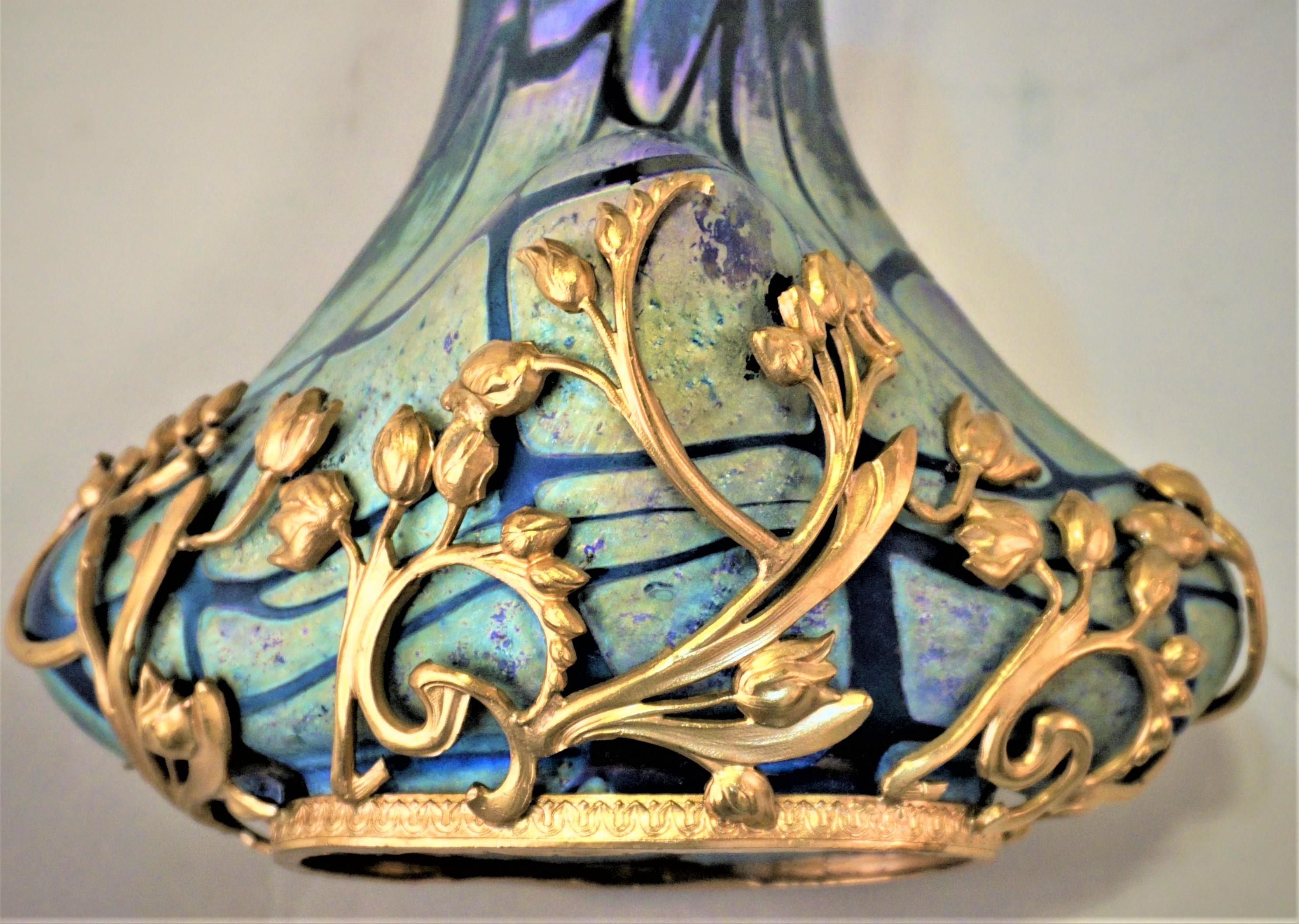European Austrian Art Nouveau Glass and Bronze Vase