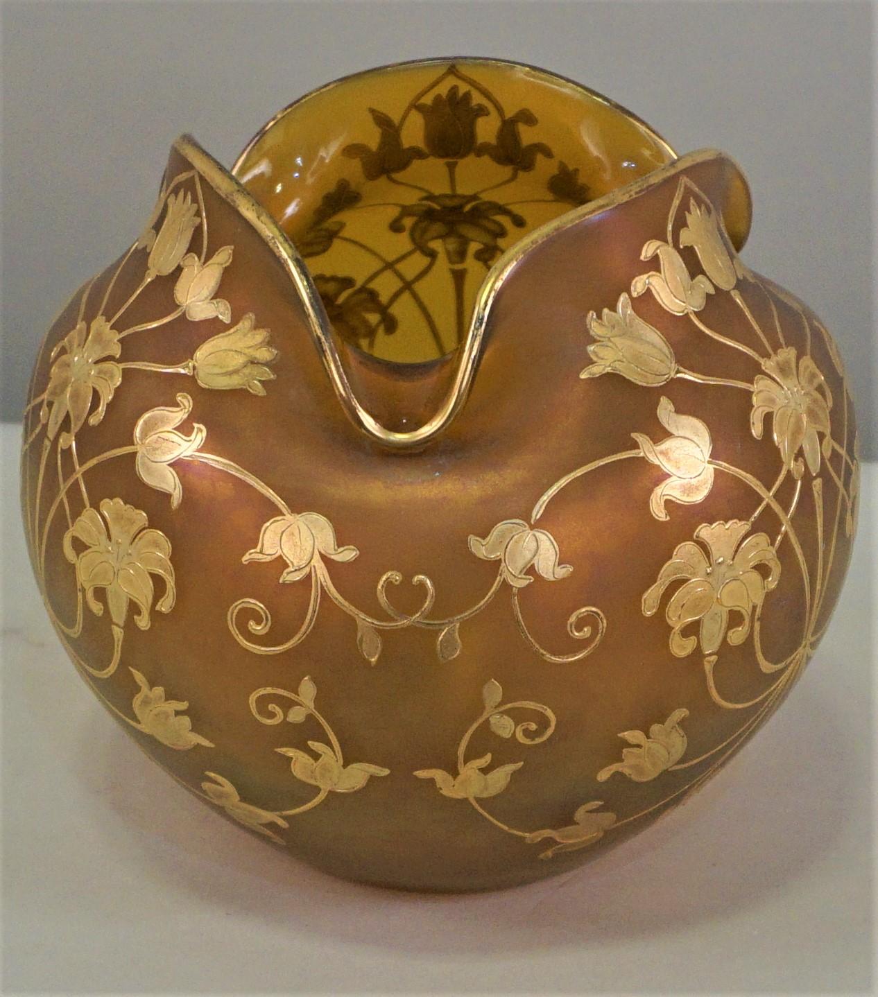 Austrian Art Nouveau Gold Paint Art Glass Vase In Good Condition In Fairfax, VA