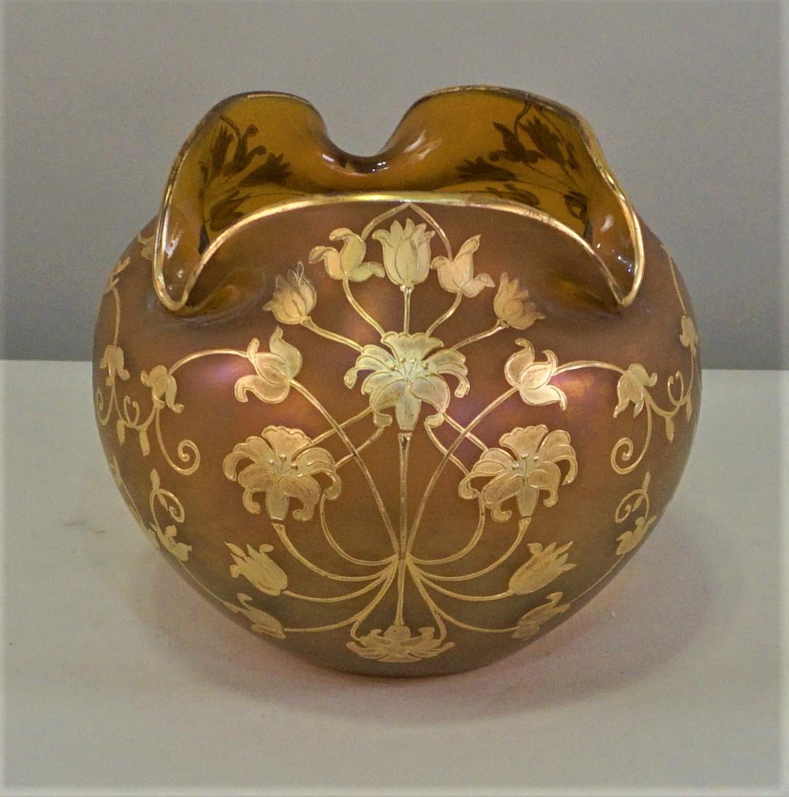 Early 20th Century Austrian Art Nouveau Gold Paint Art Glass Vase