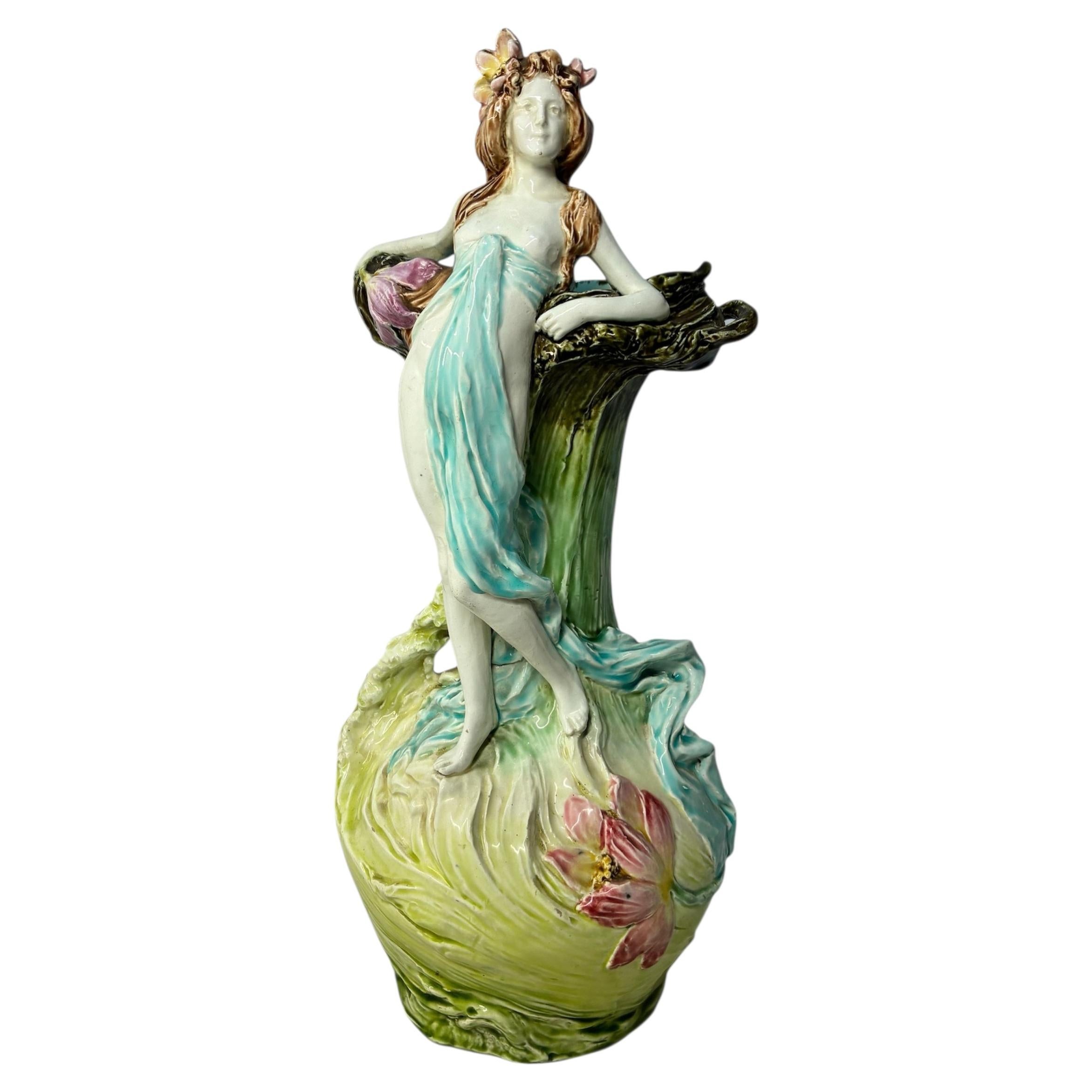 Austrian Art Nouveau Goldscheider Ceramic Vase with Female and Floral Decoration