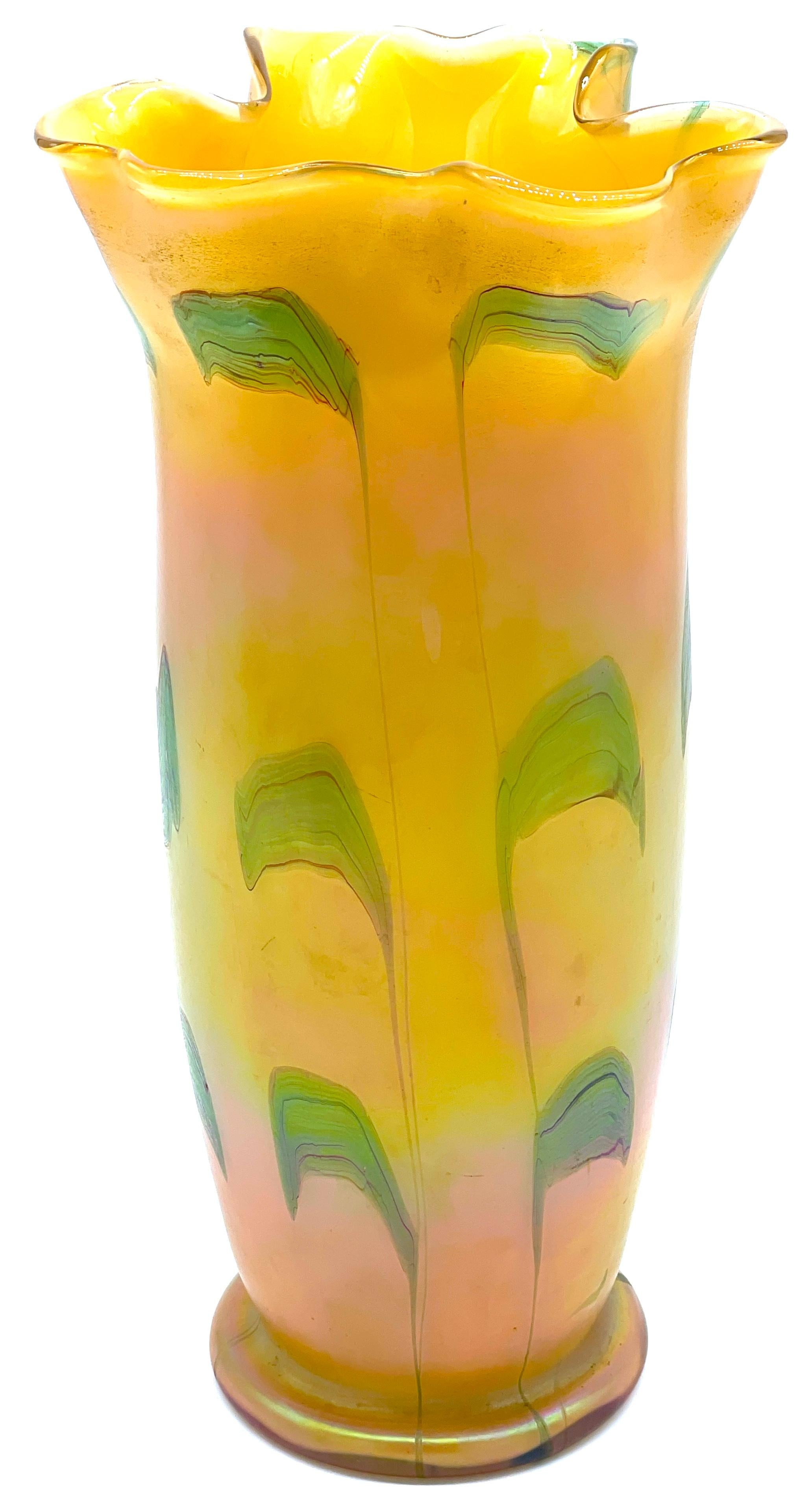20th Century Austrian Art Nouveau  Loetz  Art Glass Vase with Crimped Rim For Sale