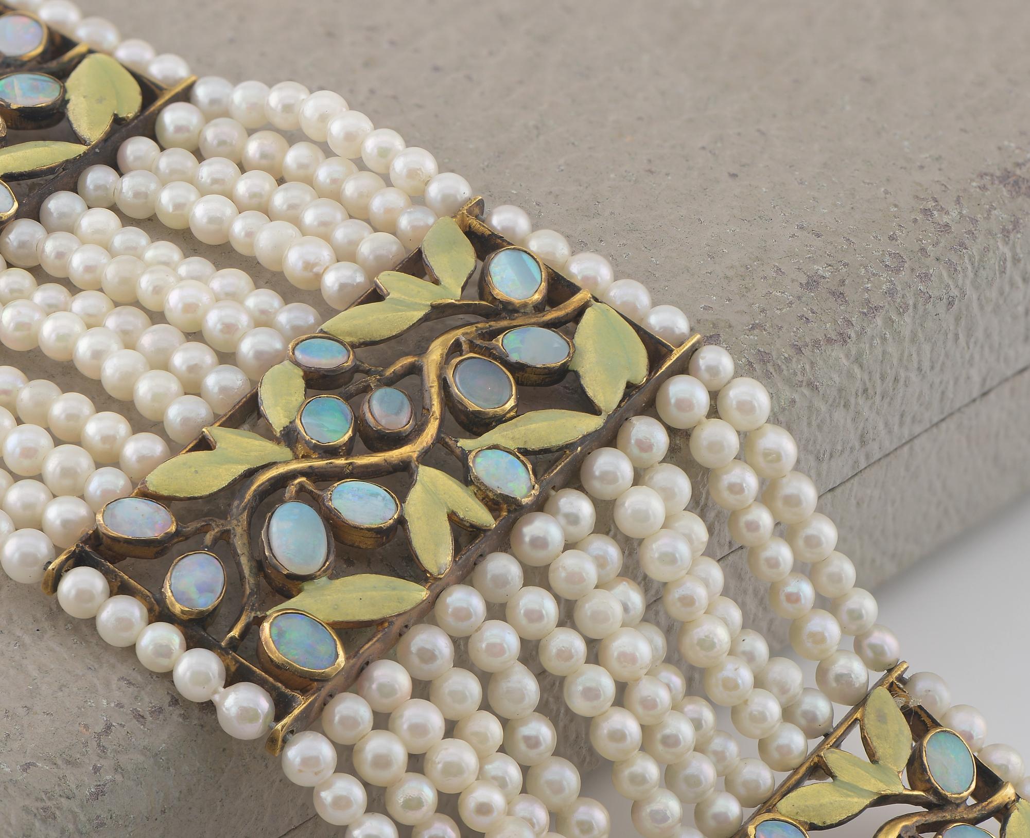 Women's Austrian Art Nouveau Opal Foliage Pearl Wide Bracelet For Sale