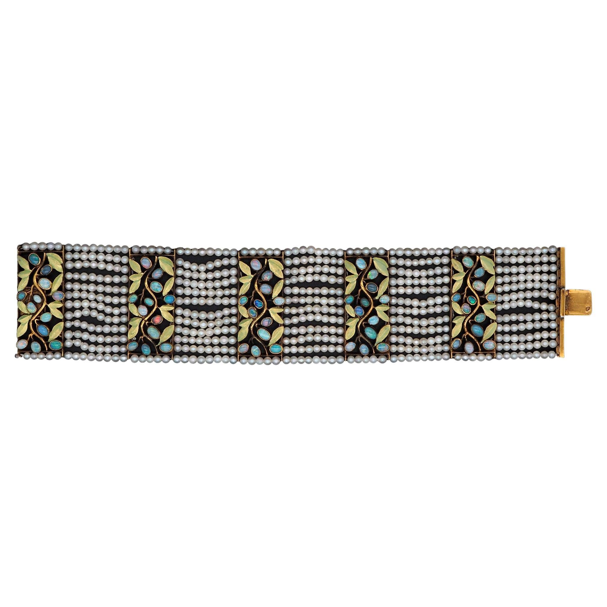 Bracelet large style art nouveau autrichien en opale et perles de feuillage