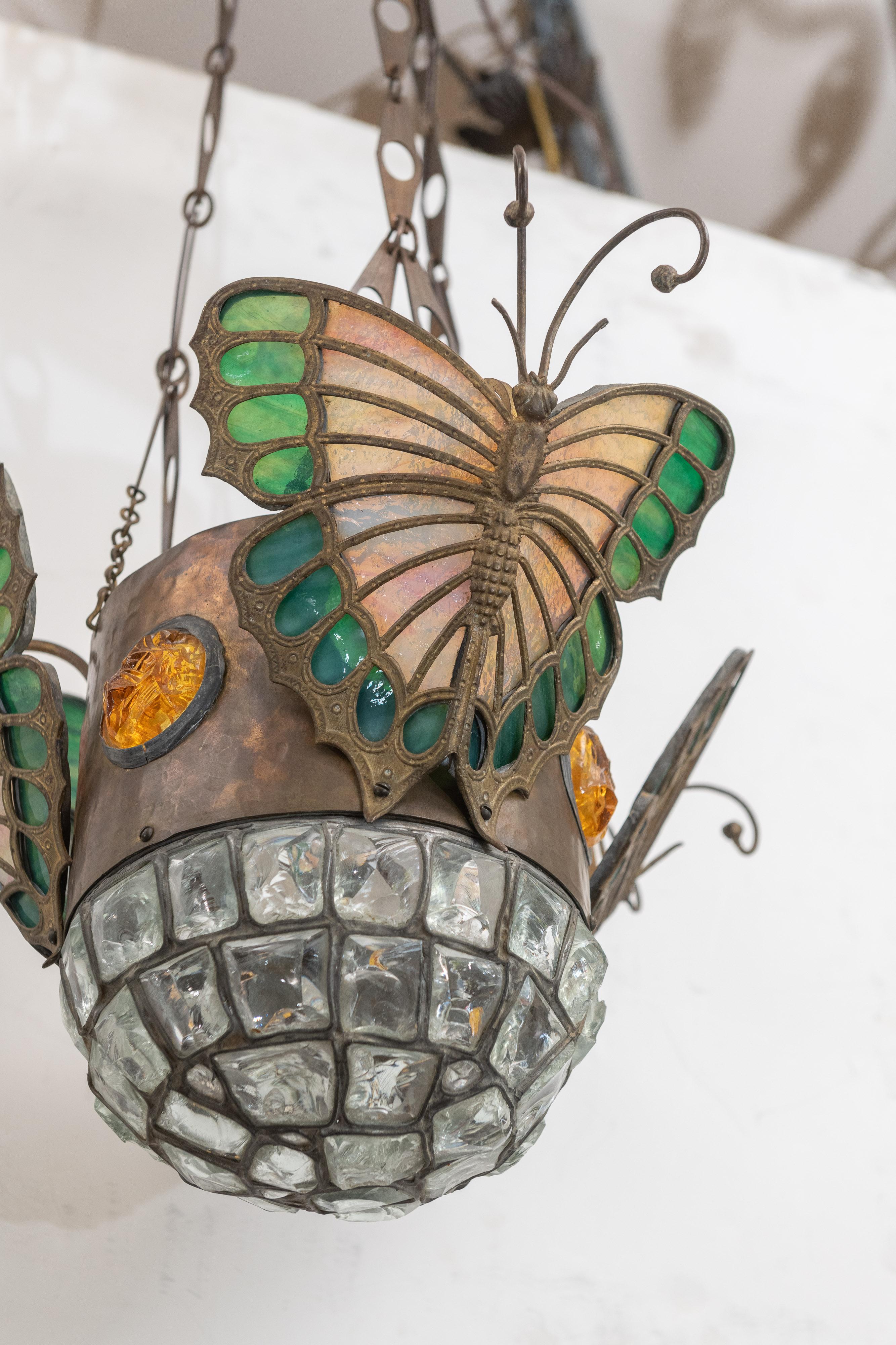 Early 20th Century Austrian Art Nouveau Pendant with Leaded Glass Butterflies and Chunk Glass