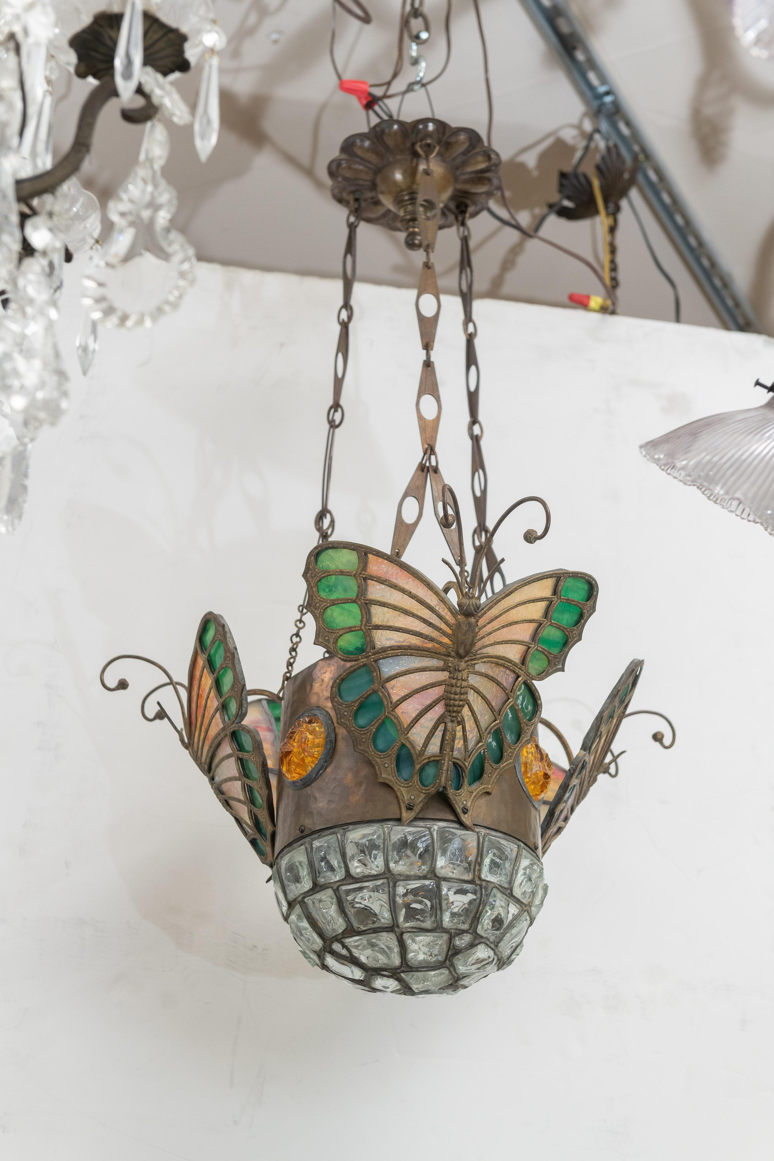 Brass Austrian Art Nouveau Pendant with Leaded Glass Butterflies and Chunk Glass