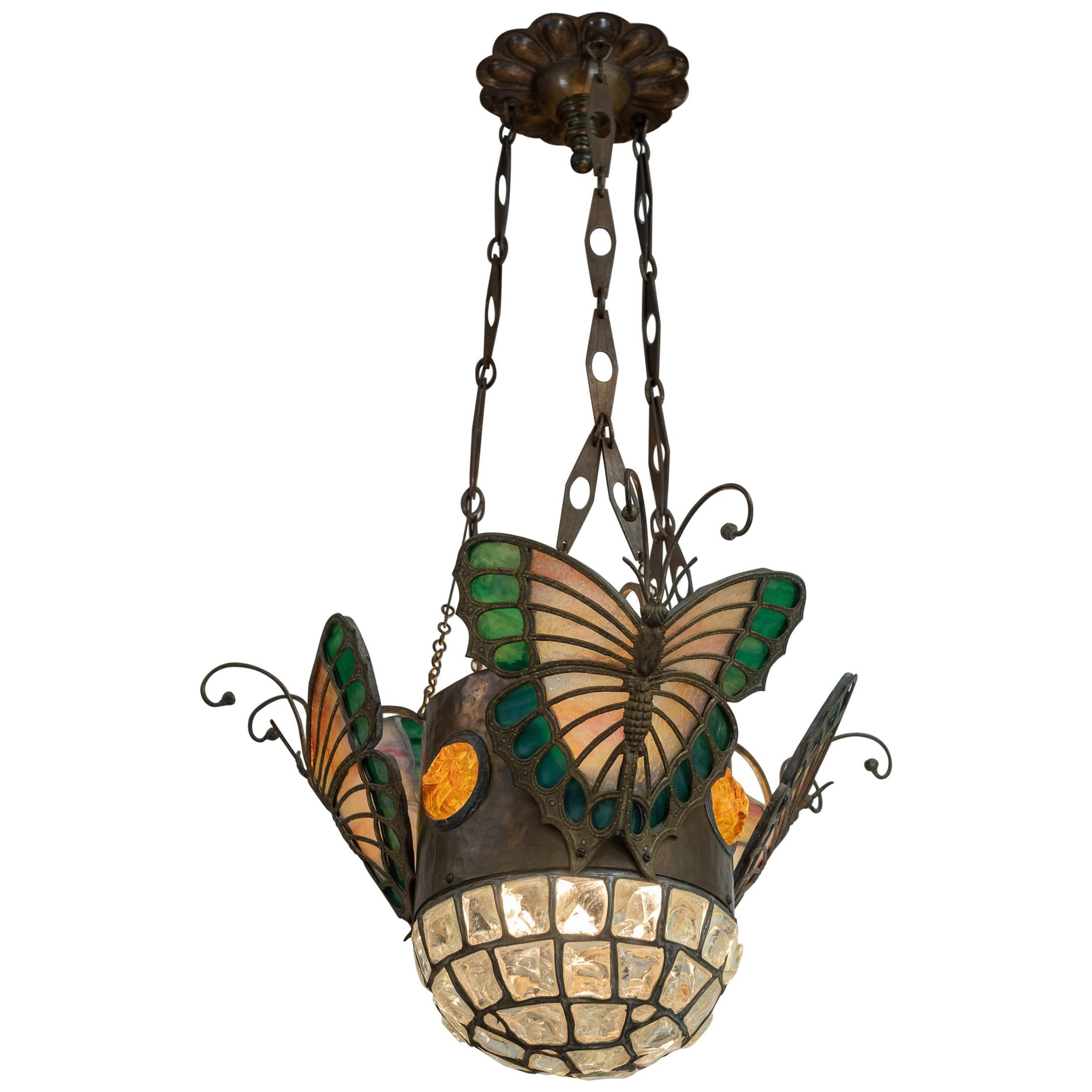 Austrian Art Nouveau Pendant with Leaded Glass Butterflies and Chunk Glass
