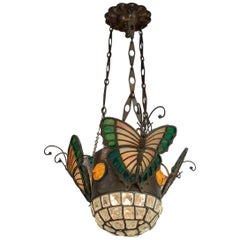 Austrian Art Nouveau Pendant with Leaded Glass Butterflies and Chunk Glass