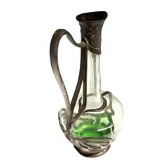 Austrian Art Nouveau Pewter Jugendstil Clade Green Art Glass Wine Carafe
