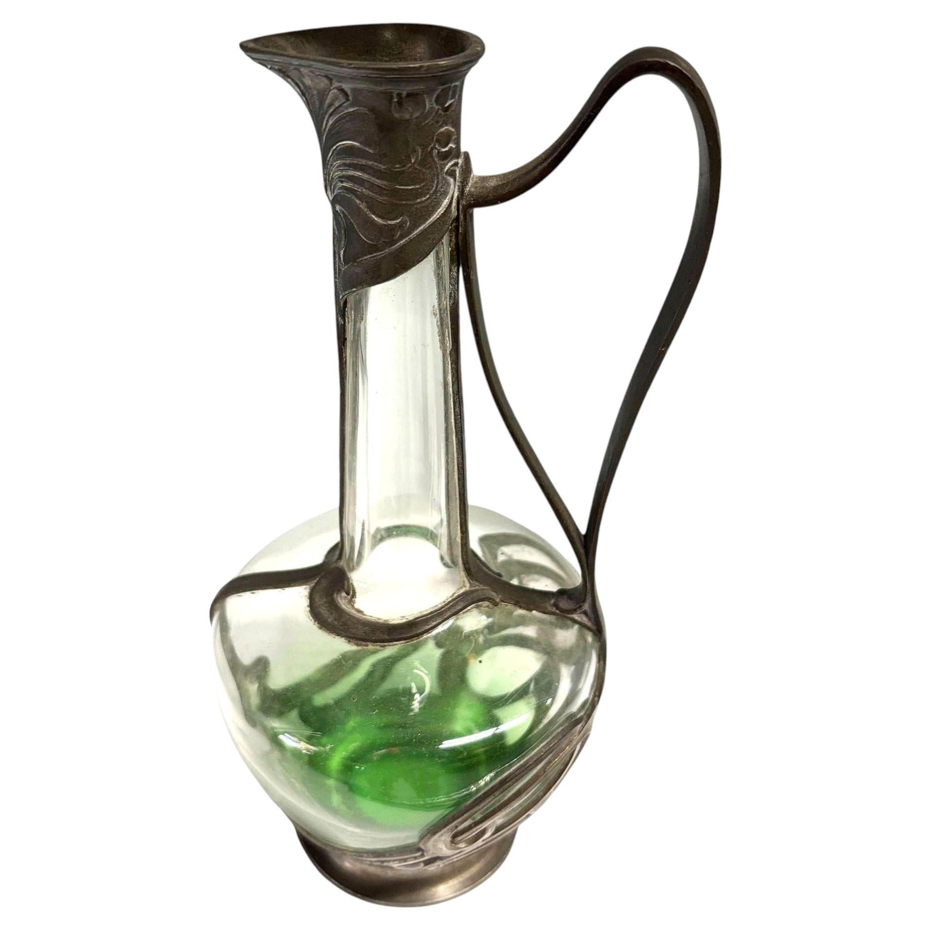 Austrian Art Nouveau Pewter Jugendstil Clade Green Art Glass Wine Carafe