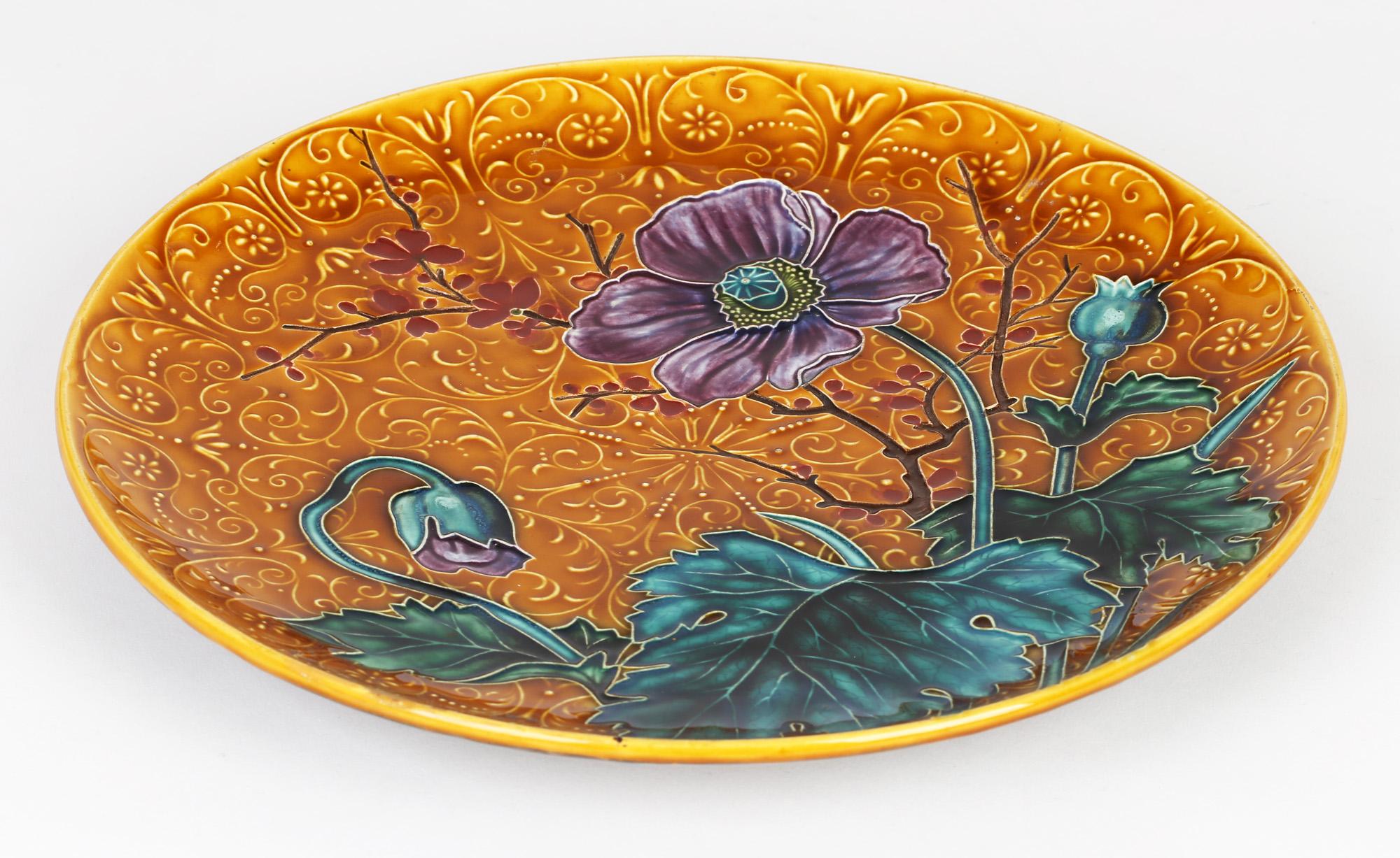 Austrian Art Nouveau Pottery Wall Plaque with Tubelined Floral Designs For Sale 8